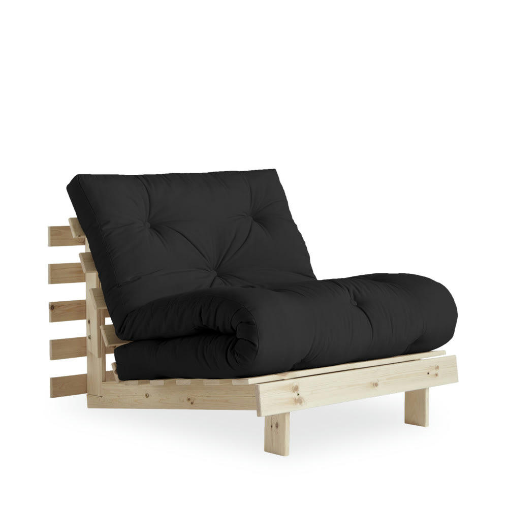 ROOTS - Fauteuil convertible 90x200cm en bois naturel et tissu gris foncé