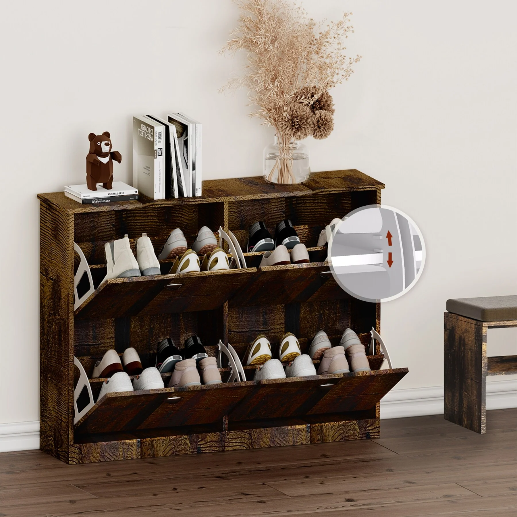 Shoe Cabinet,Hidden Slim Narrow Shoe Rack Cabinet with 4 Drawers for Entryway, Foyer,Hallway,Bedroom,Original Wood Color