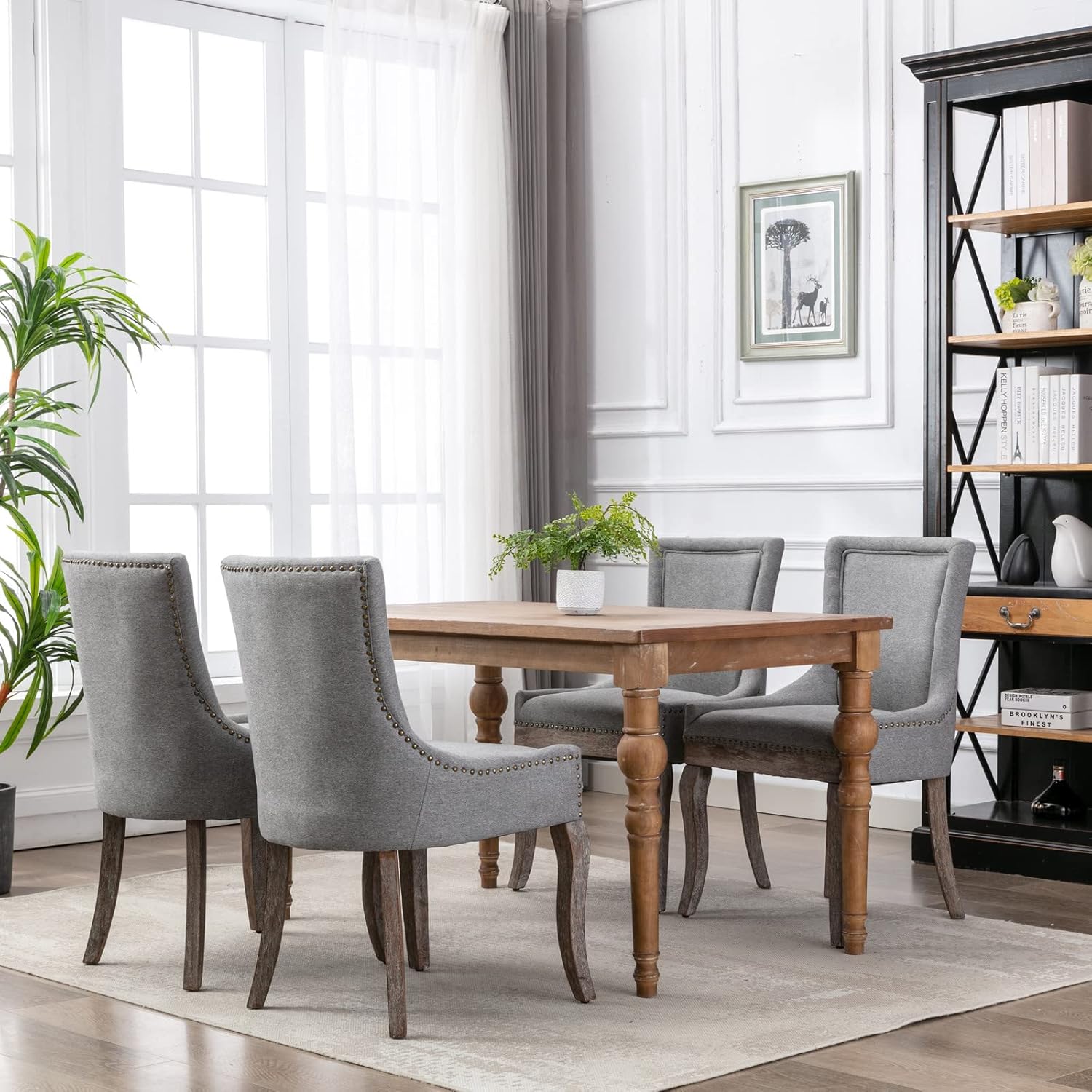 Modern Dining Chairs Set of 6, Fabric Upholstered High Back Chairs with Nailhead Trim and Curved Solid Wood Legs, Sillas de Comedor Accent Chairs for Dining Room, Gray
