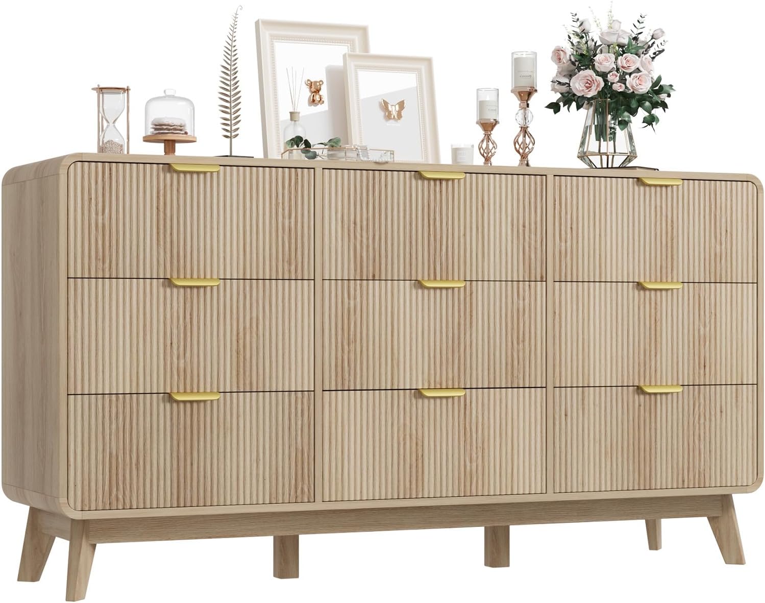 QUW Fluted 59.1 Wide Modern Dresser for Bedroom with 9 Drawers, Tall Chest of Drawers with Metal Handle, Wooden Dresser TV Stand, Hallway, Living Room, Natural Oak