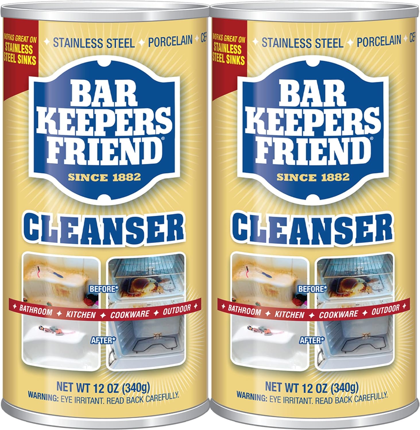 Bar Keepers Friend Powder Cleanser, 12 oz x 2, Multipurpose Cleaner, Degreaser & Remover for Burnt Stainless Steel Pots and Pans, Rust Stains, Hard Water Deposits & Soap Scum