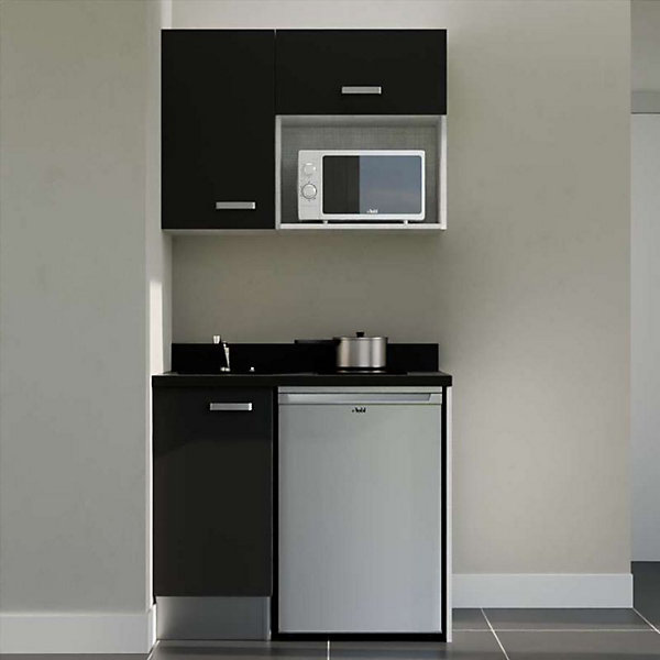 Kitchenette K00 - 100 cm - façades Noir - Plan monobloc en quartz coloris Nero évier à gauche