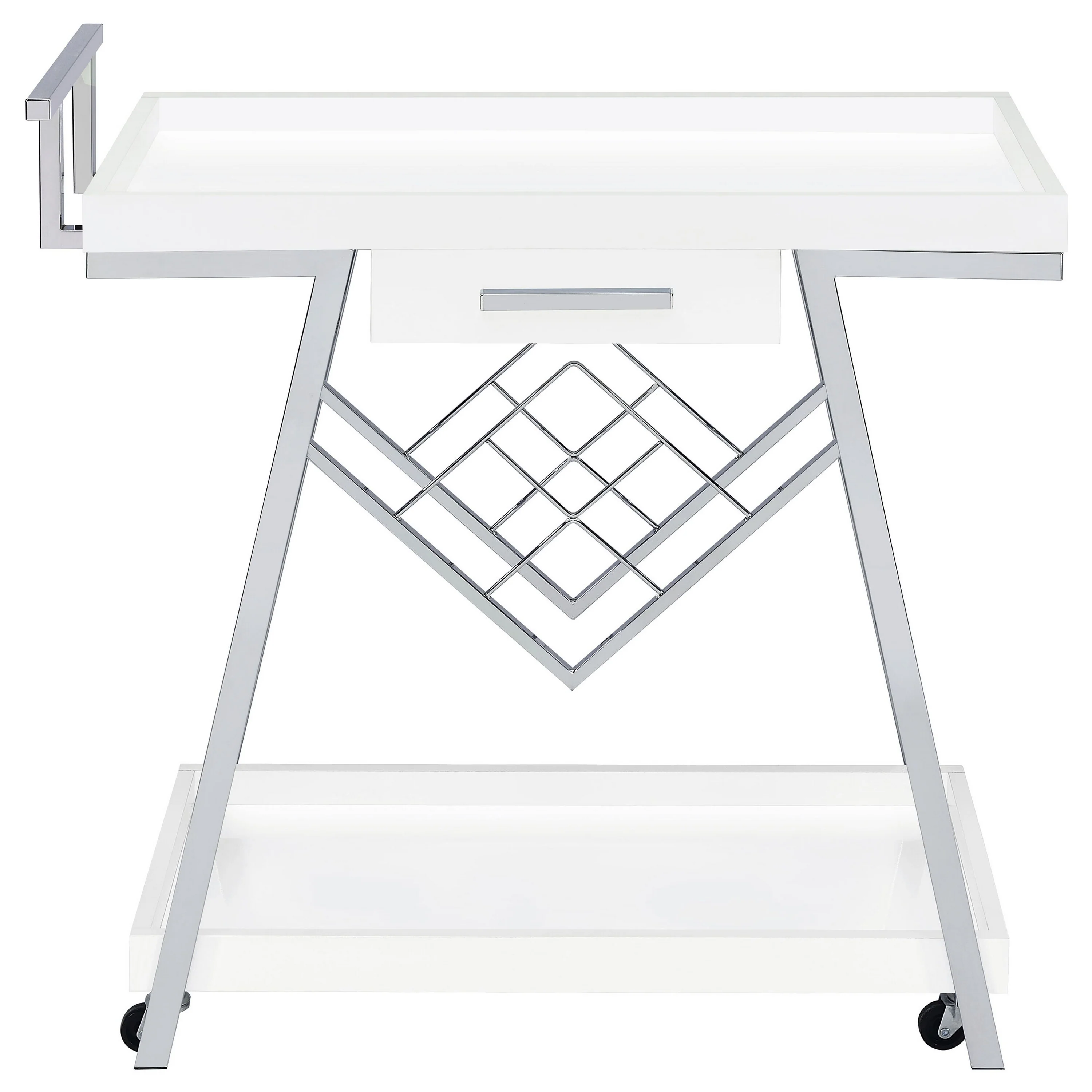 Kne 35 Inch Rolling Bar Cart, 2 Tier with Drawer, Stand, White Wood, Chrome