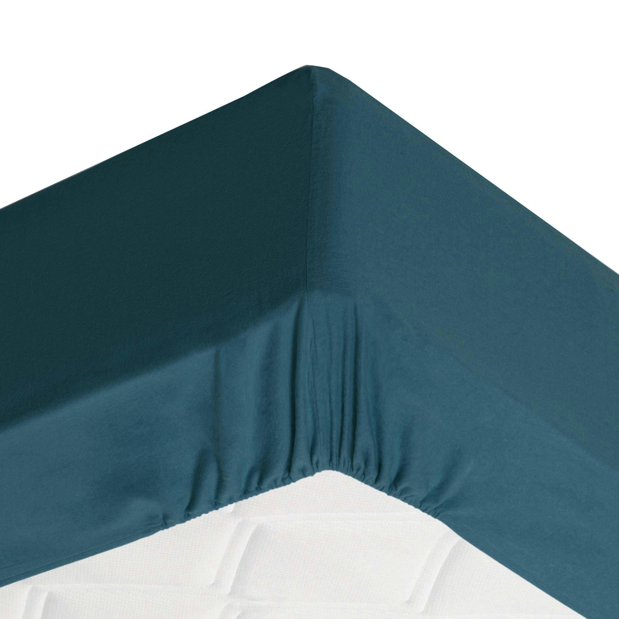 FLANELLE - Drap-housse grand bonnet 160x200x32 bleu canard en coton