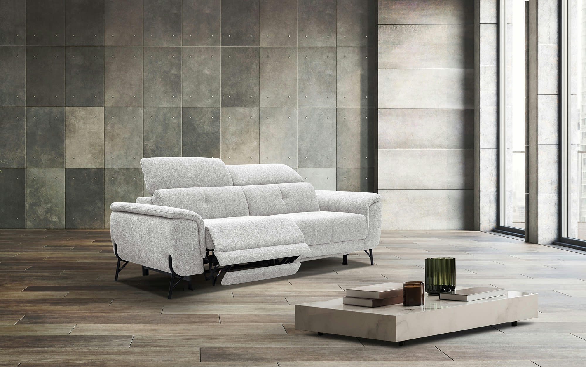 AVENA - Canapé droit 3 places avec 2 relax électriques tissu beige clair