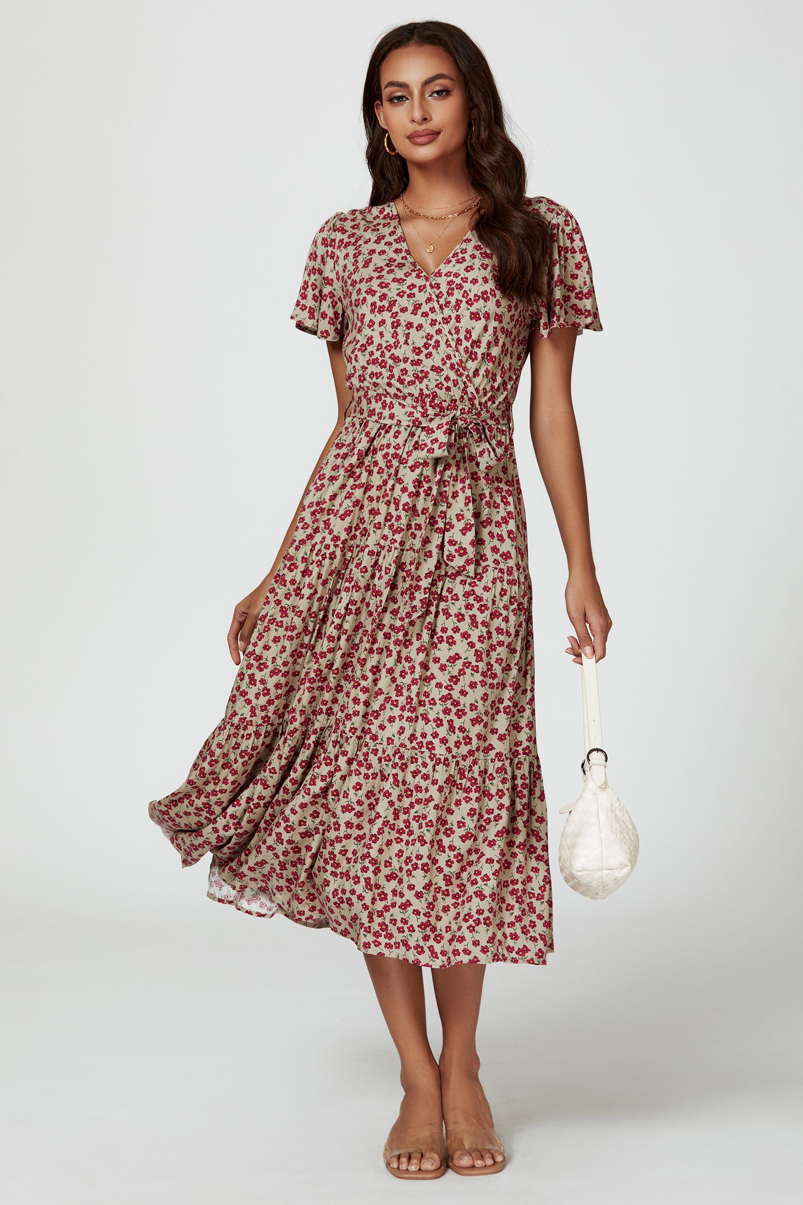 FS Collection Pink Floral Print Wrap Midi Dress In Beige