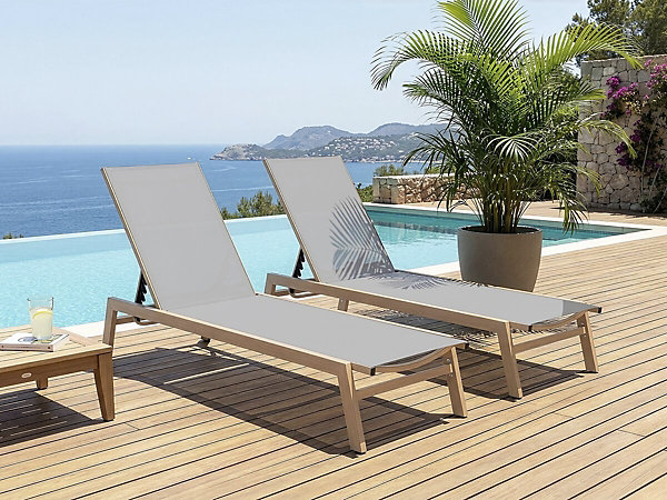 Lot de 2 bains de soleil en aluminium imitation bois 
