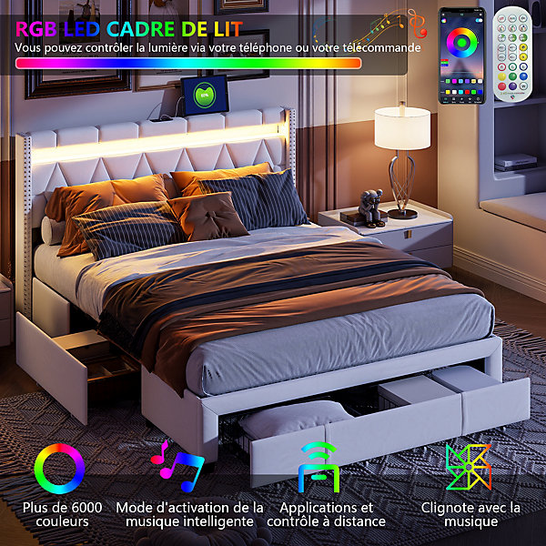 Lit coffre 160x200 cm, capitonné lin, lit double avec 4 tiroirs, LED, USB &Type-C, sommier à lattes et tête de lit, Beige