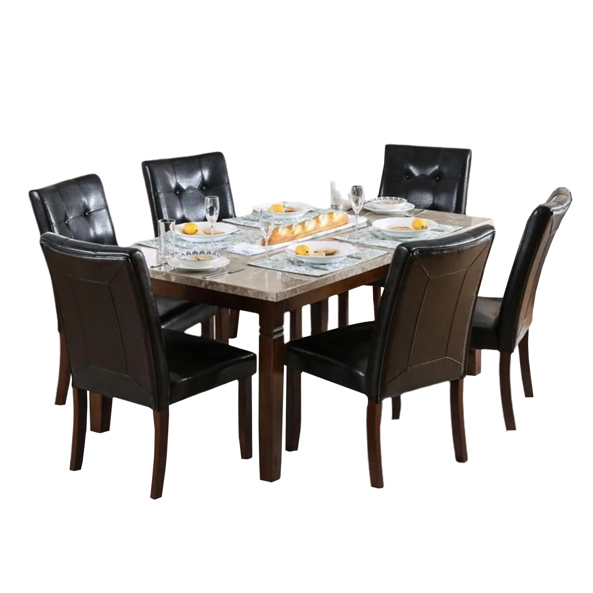 Ery 7pc Dining Table and Chair Set, Genuine Marble, Brown Faux Leather