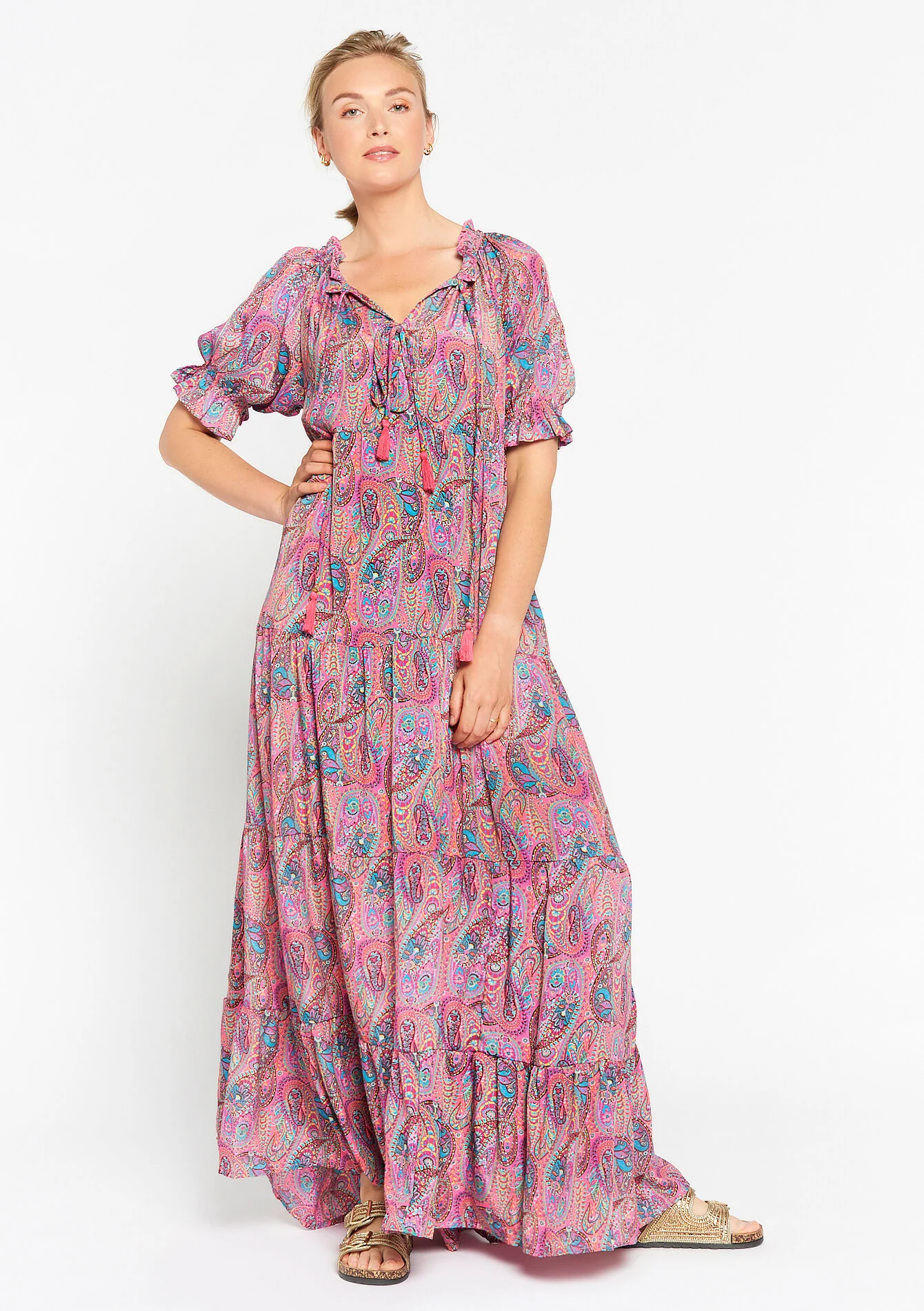 Maxi-jurk met ruches en paisleyprint