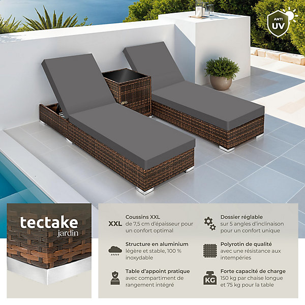 Lot de 2 Bains de soleil en duo au design luxueux avec Cadre en aluminium