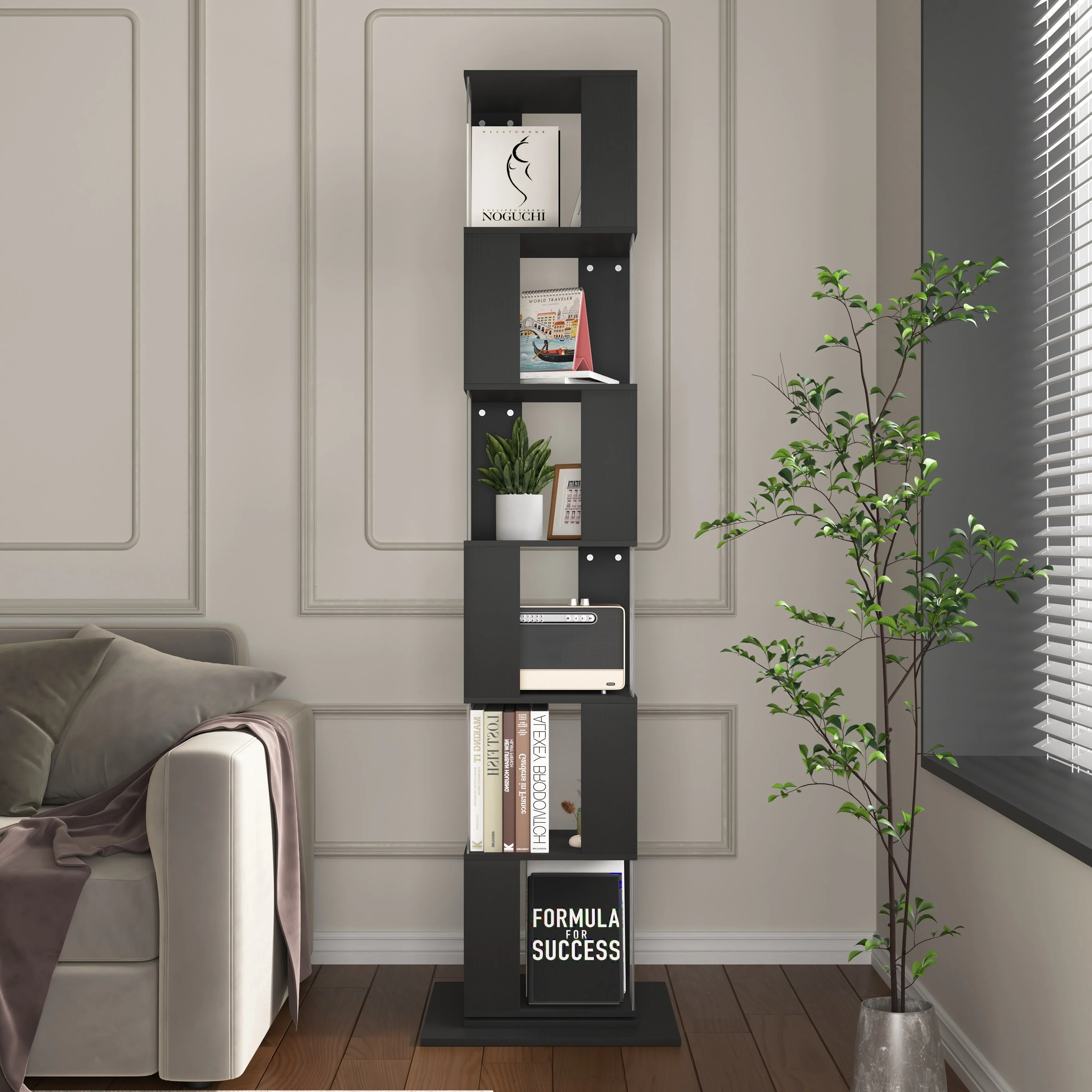 6 tier Rotating Bookshelf, Floor Rack Simple Bookcase with Acrylic plate Student Multi-Function Creative Bookshelf