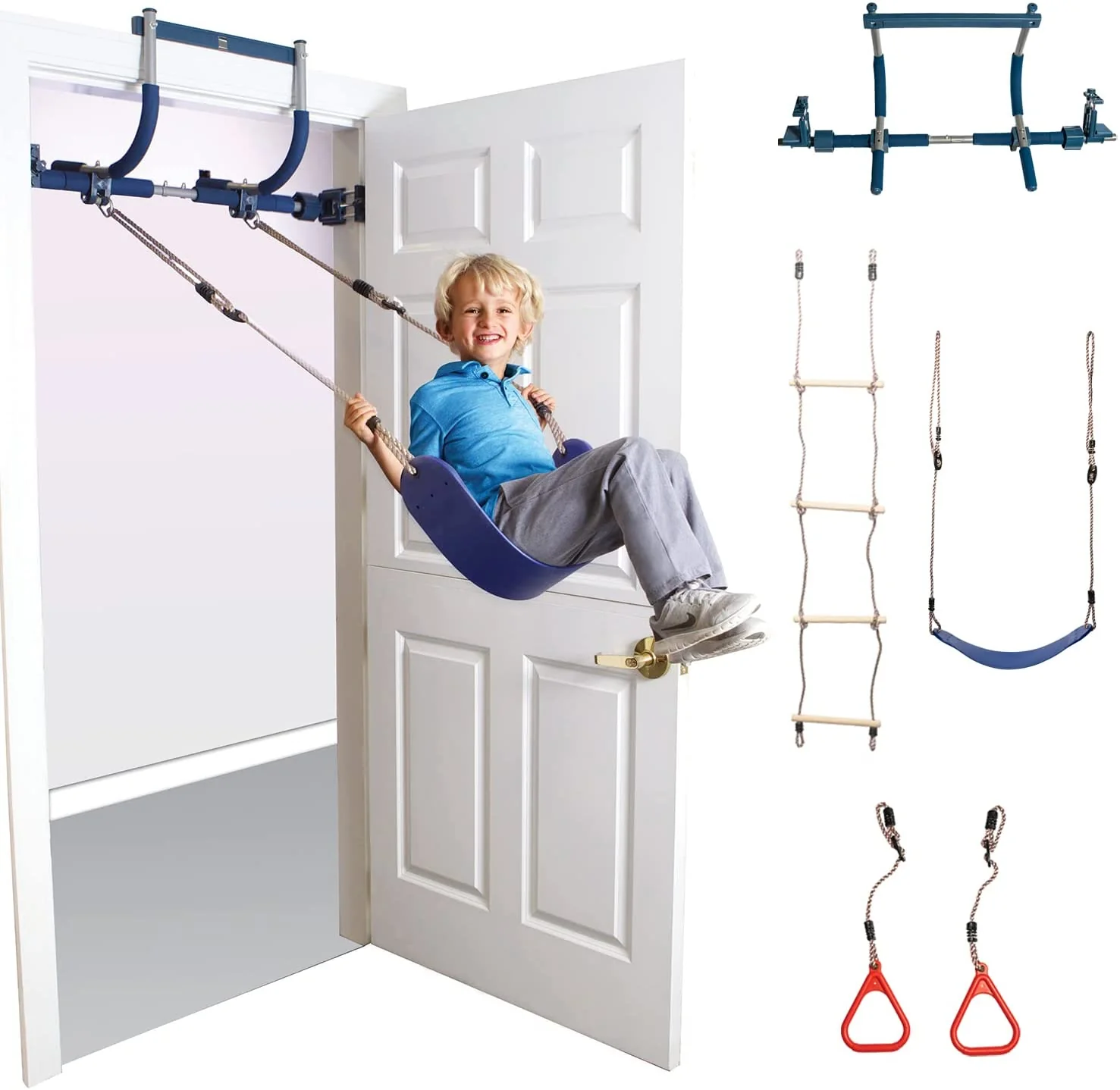6 Piece Indoor Doorway Gym Set for Kids �C Indoor Swing for Kids Includes Kids Swing Chair, Rings, Hanging Trapeze, Ladder, Swinging Rope  Pullup Bar