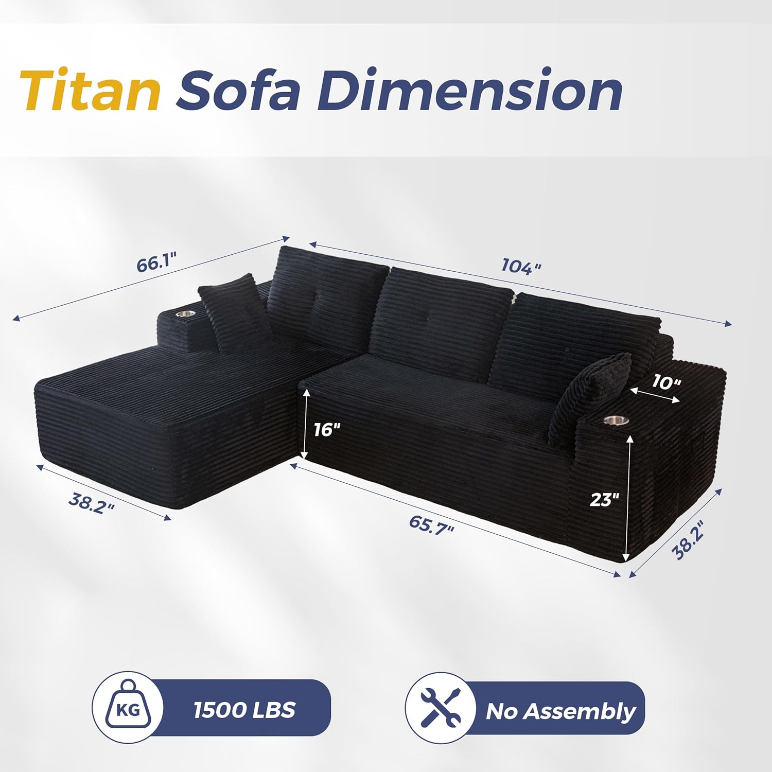 MAXYOYO 104 Modular Sectional Couch with L-Shape Chaise, Modern Boneless Couch for Living Room, Sofa in A Box, Oversized Sofa Sleeper with Deep Seat, No Assembly Required, Black