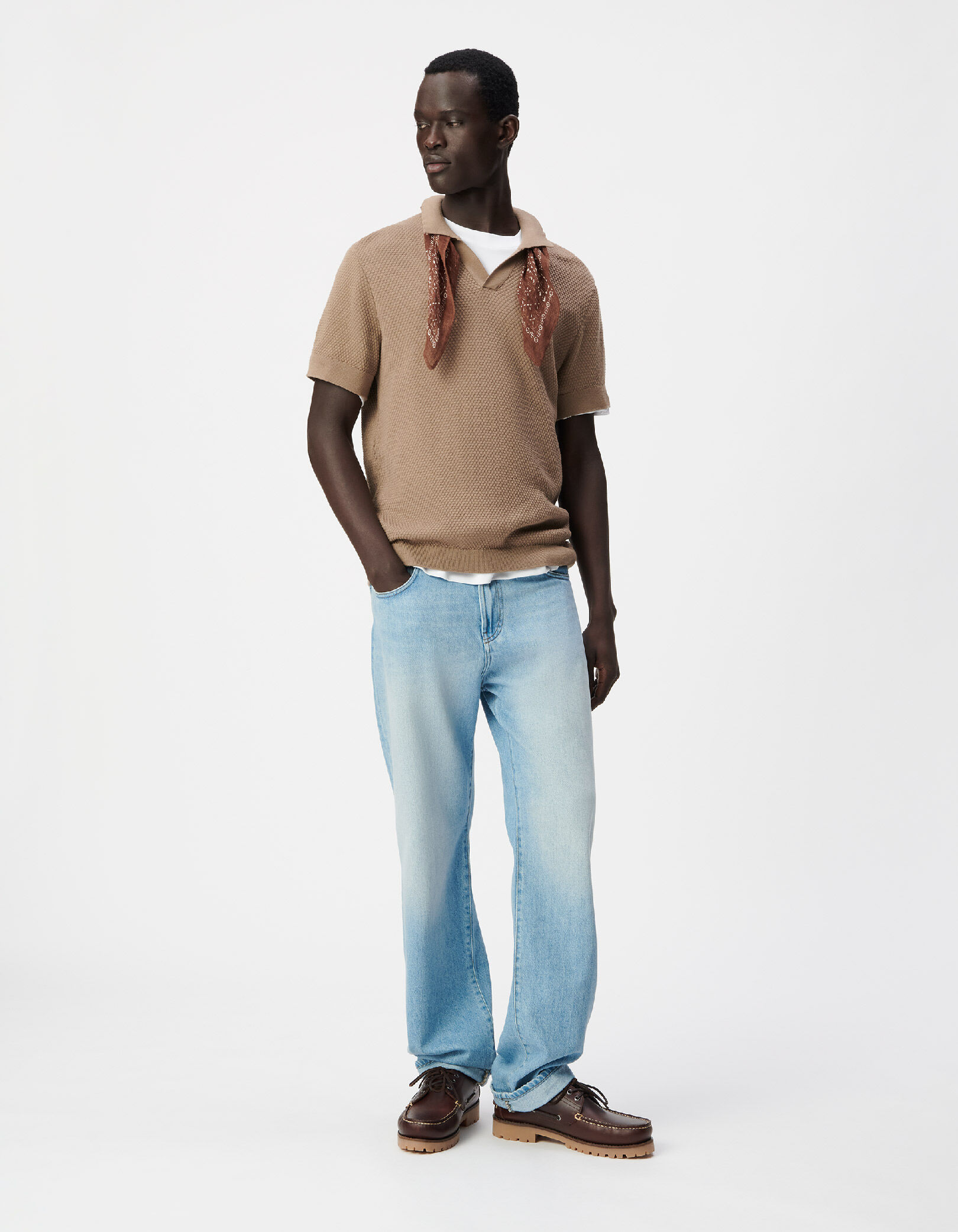 Polo beige tricot fin relief Homme