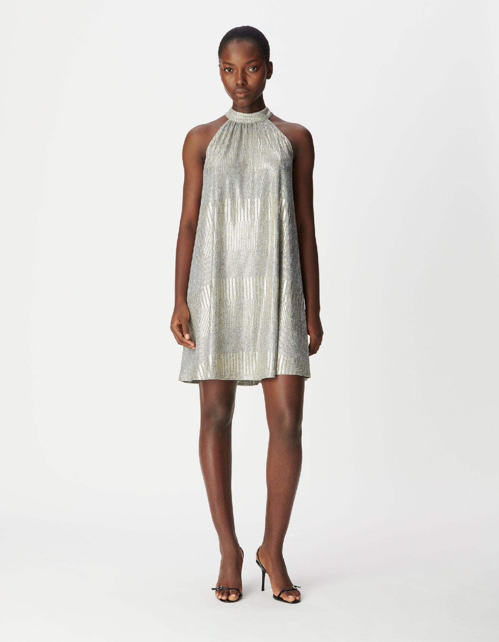 Robe courte argentée maille côtelée à nouer dos Femme