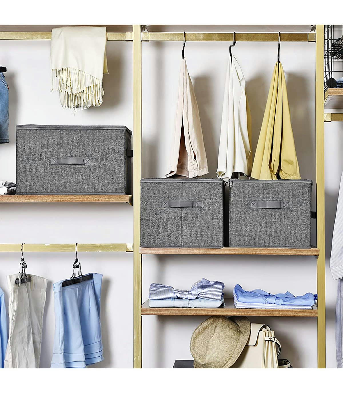 - Boîtes de rangement grises pliables avec poignées et couvercle -H25 cm