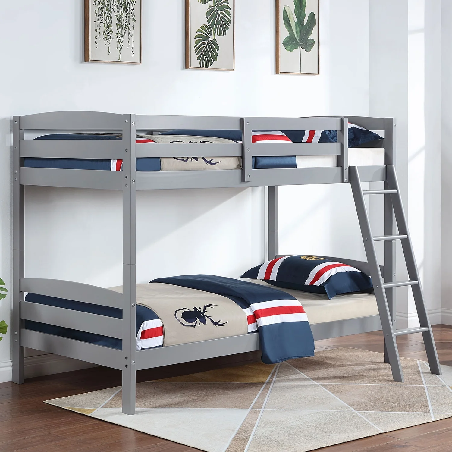 Wooden Twin Over Twin Bunk Bed with Ladder in Grey