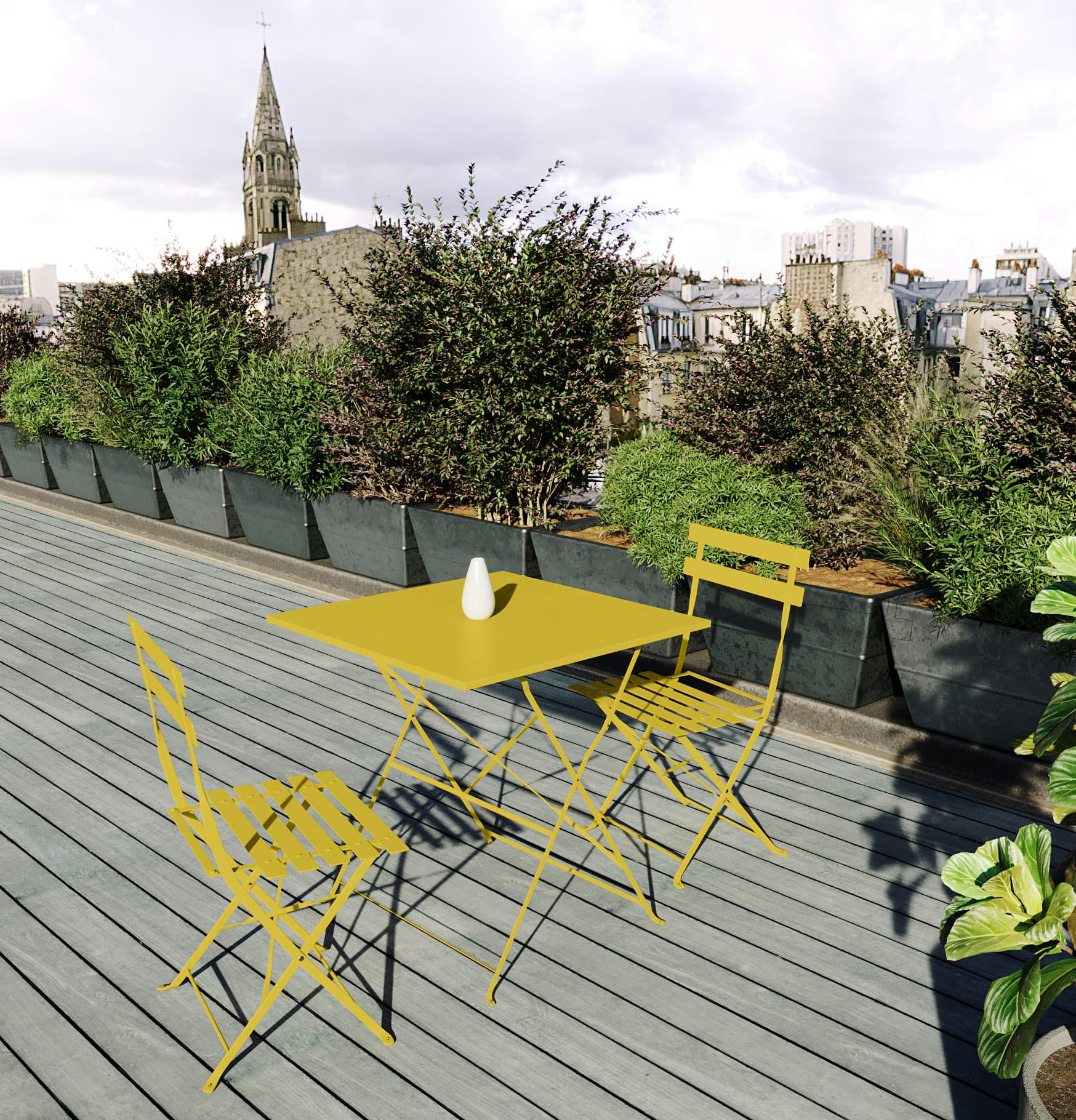 MERIDA - Table bistrot pliante  70x70 cm en acier jaune solaire