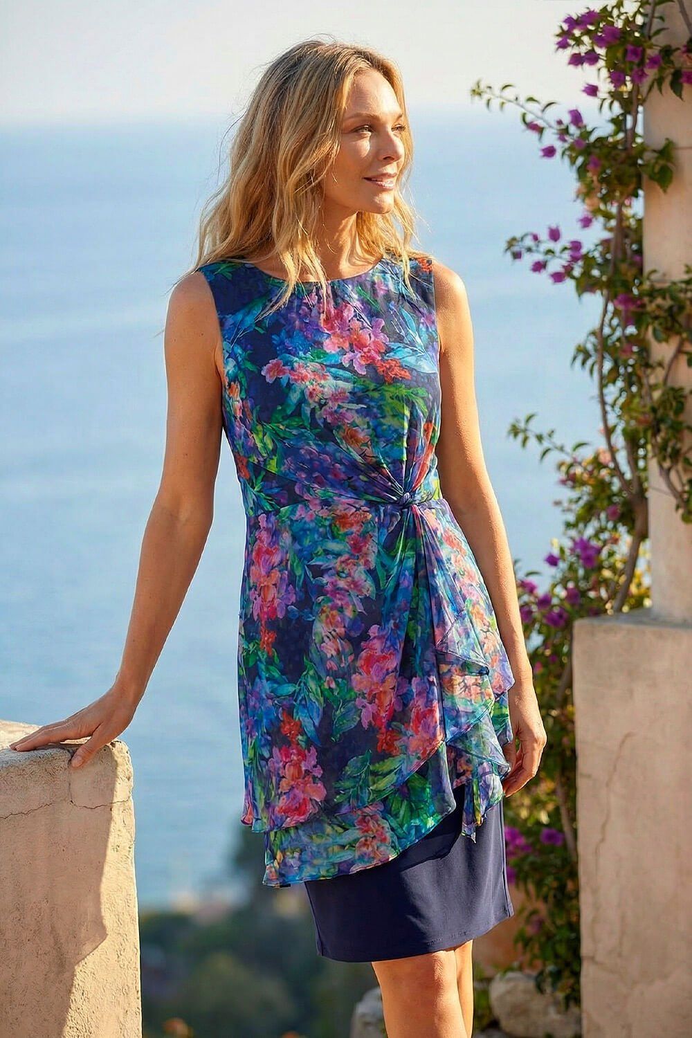 Roman Petite Tropical Asymmetric Frill Dress