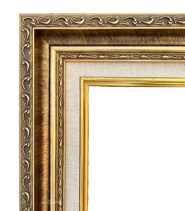 Antique Gold Ornate Picture Frame Natural Linen Liner 3