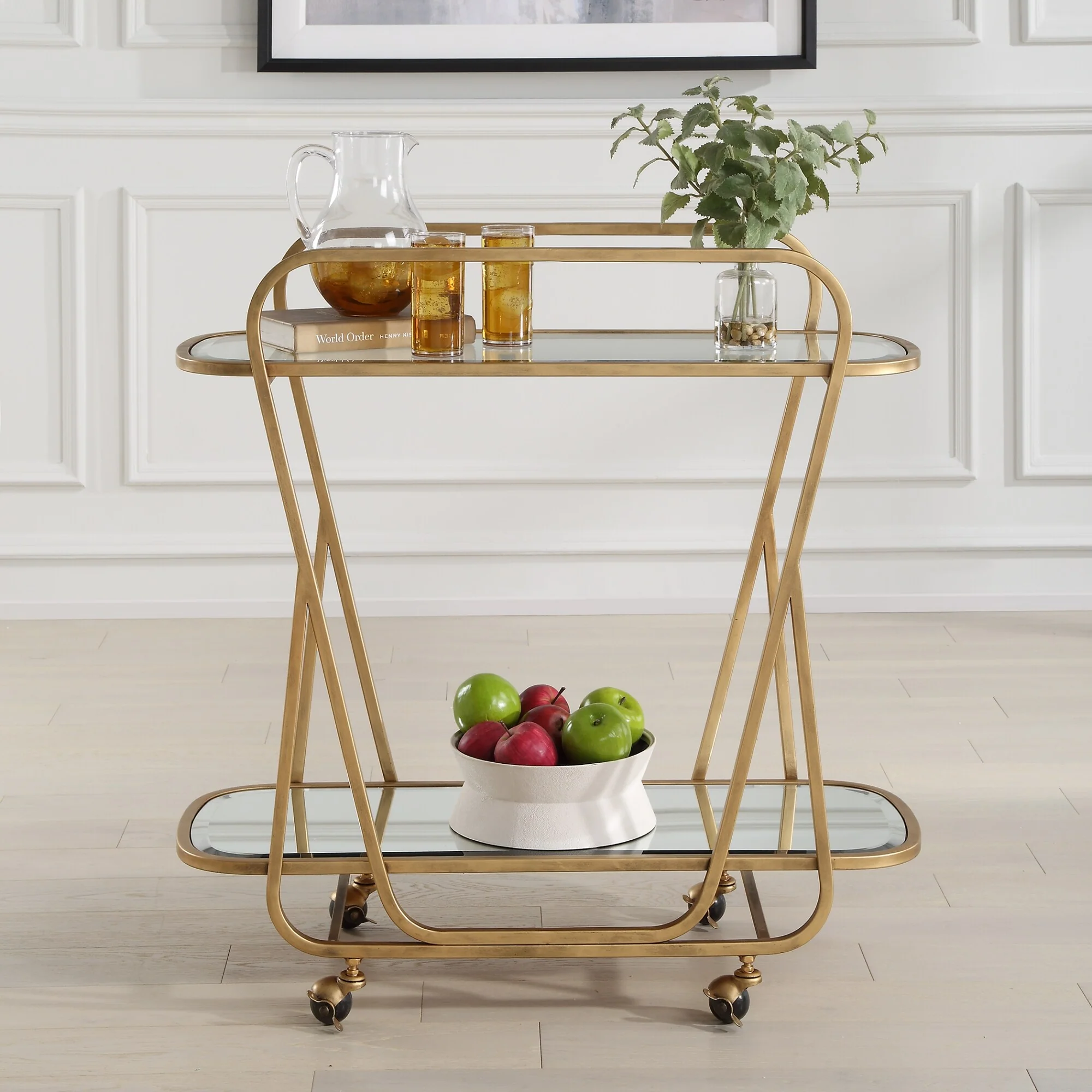 2 Tier Mirrored Top Beveled Serving Cart - 35.75 - Brass