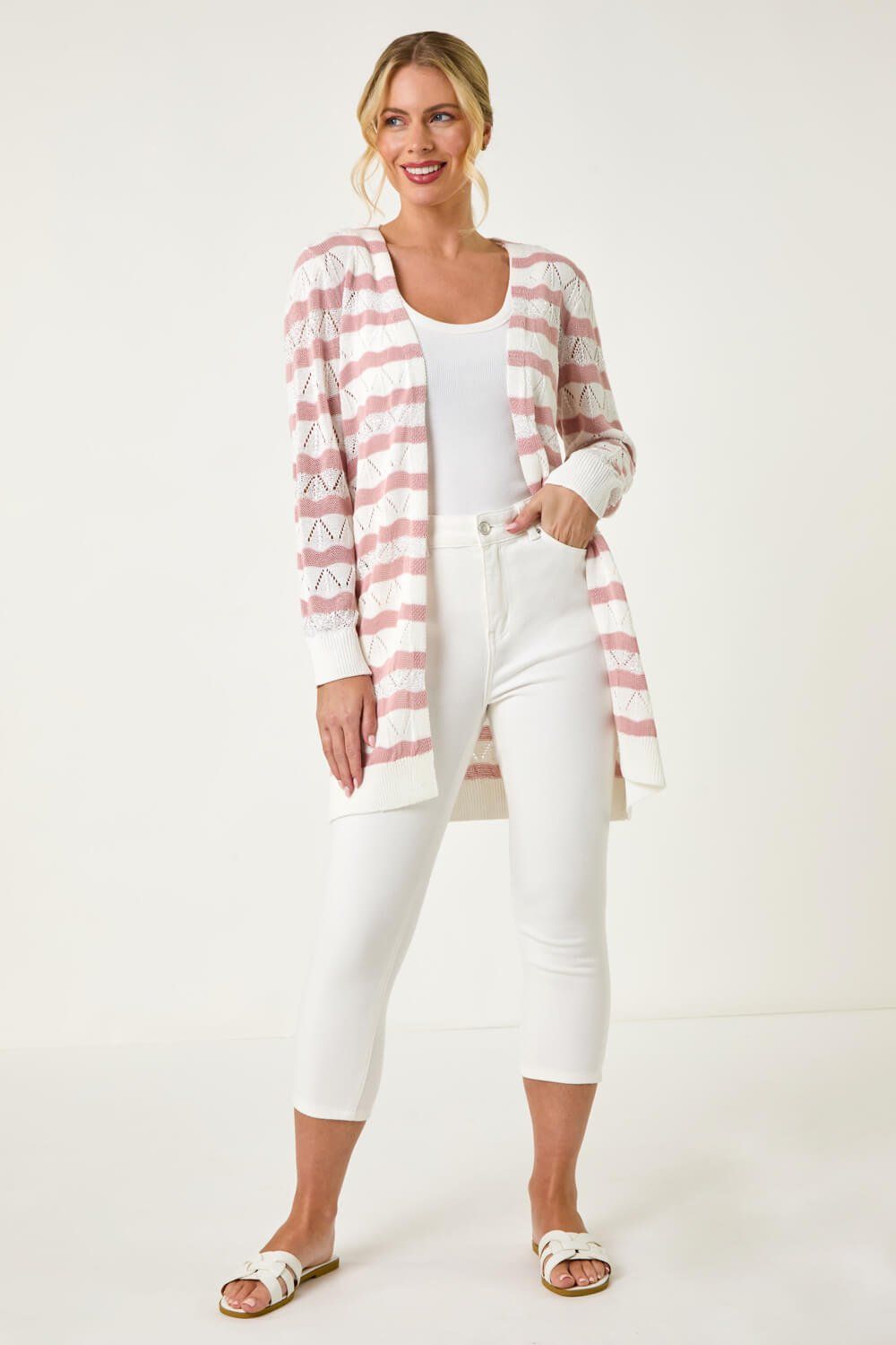 Roman Petite Stripe Pointelle Knit Cardigan