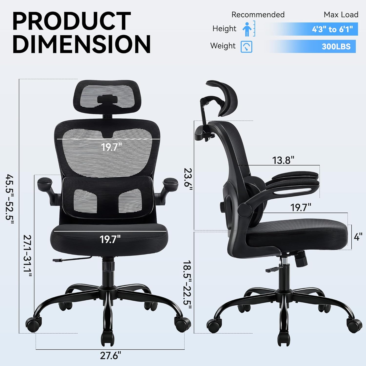 AreShark Office Chair-Ergonomic Desk Chair with Hidden Hanger & Flip-Up Arms, High Back Mesh Computer Chair with 2D Headrest & Adjustable Lumbar, Comfy Rolling Task Chair for Home Work Gaming, Black