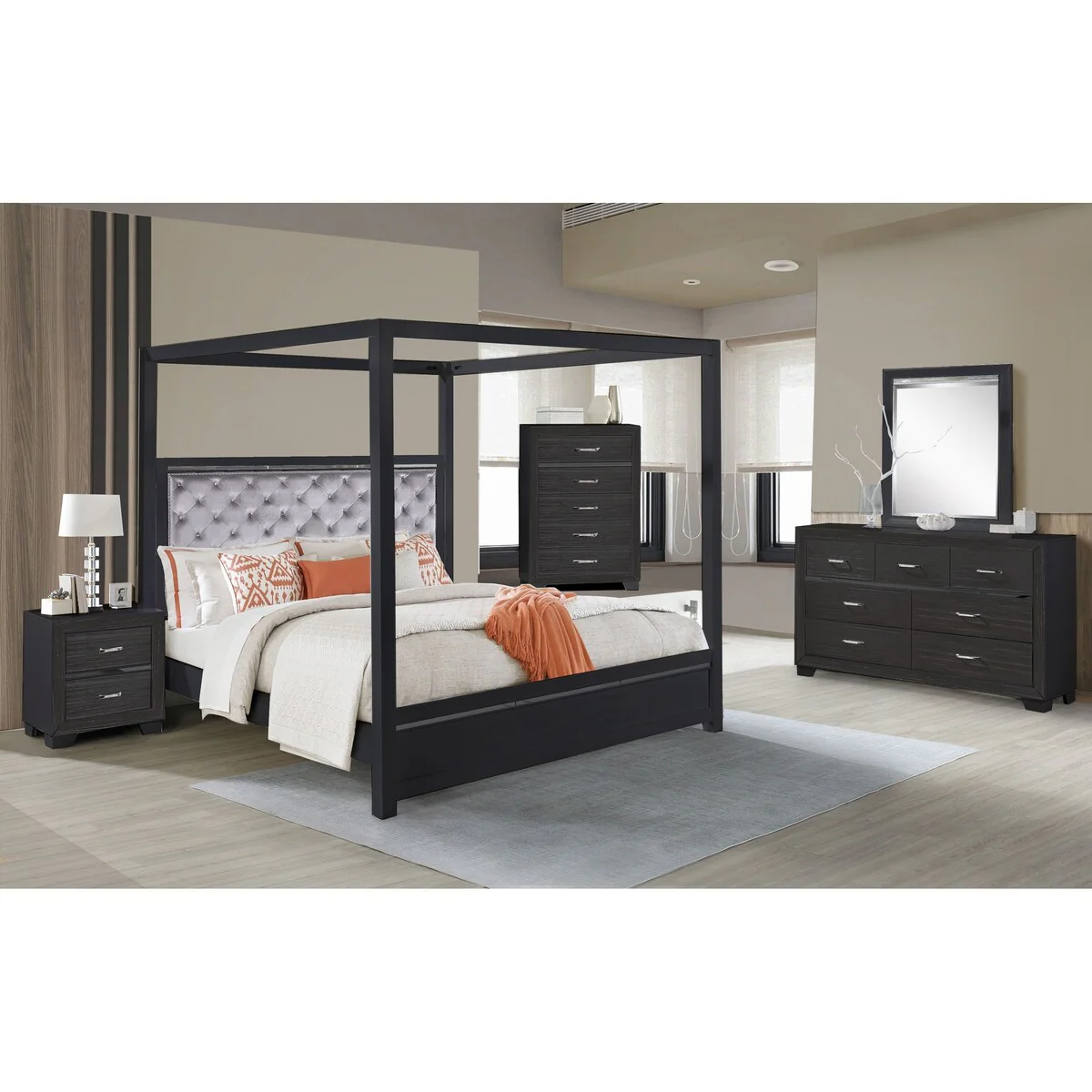 Canopy Glam Queen Bedroom Set with Tufted Headboard & LED Lights