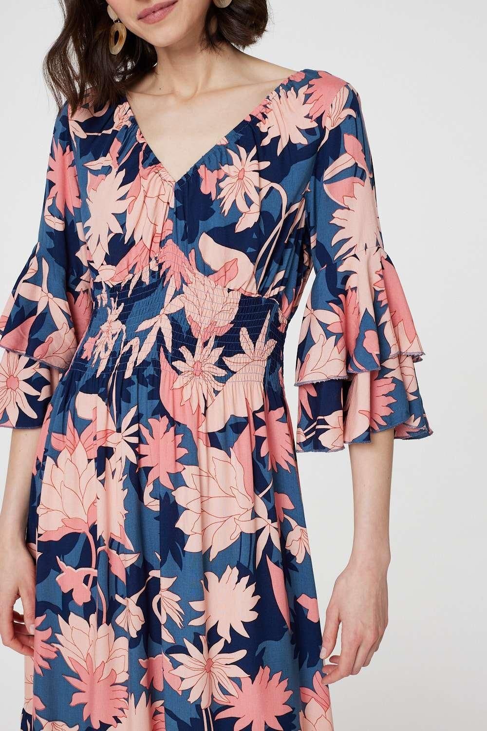 Izabel London Floral 3/4 Sleeve Ruffled Midi Dress
