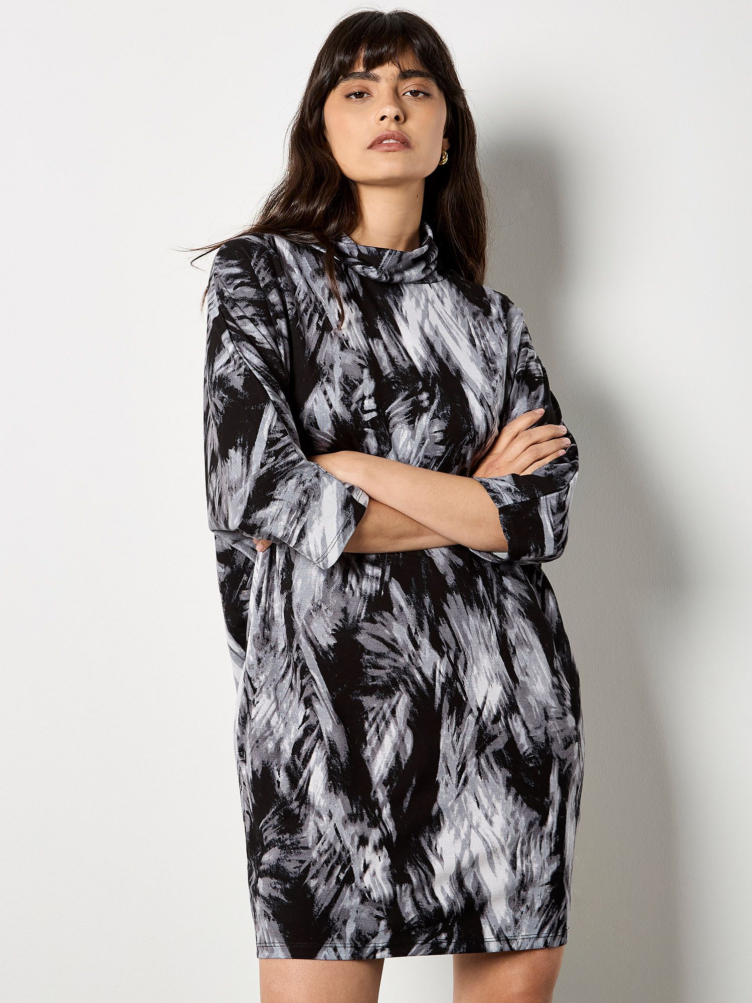 Apricot Feather Print Jersey Cocoon Mini Dress