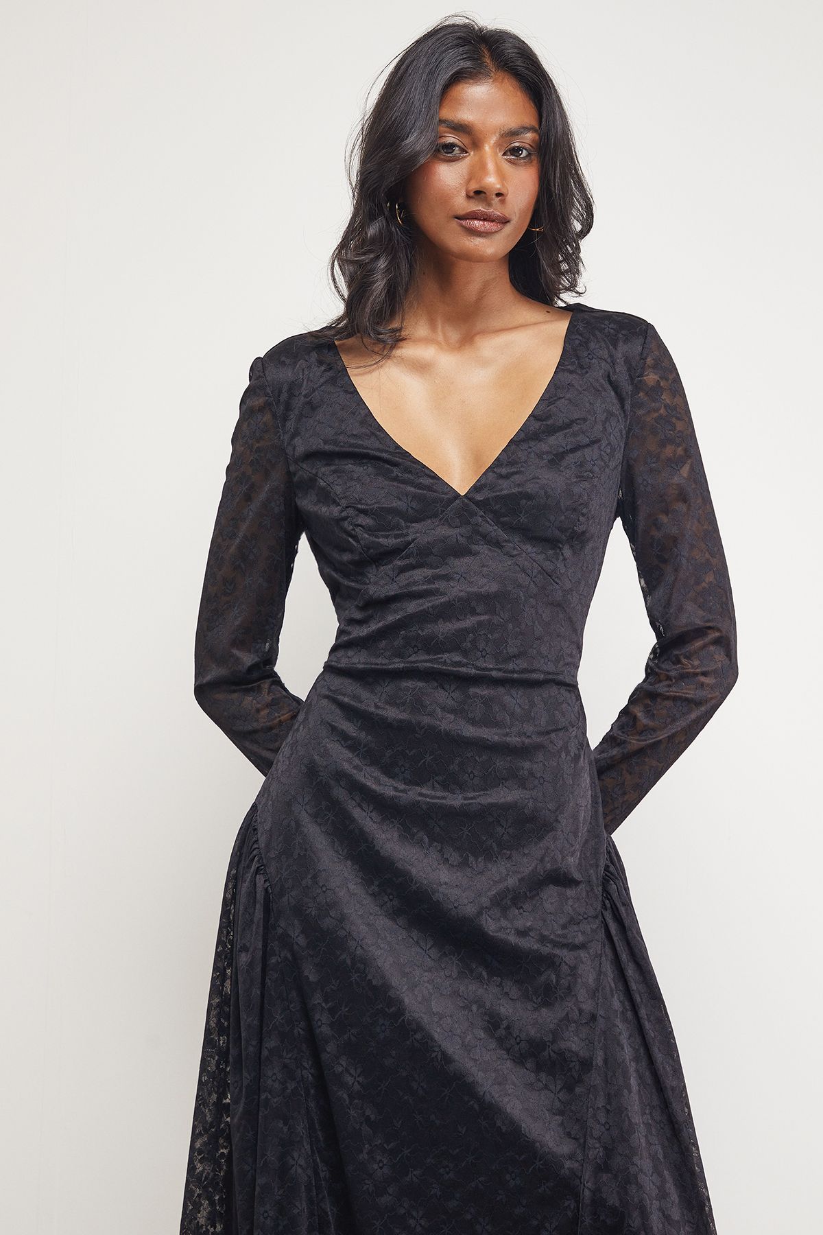 Warehouse Lace V Neck Godet Detail Midi Dress