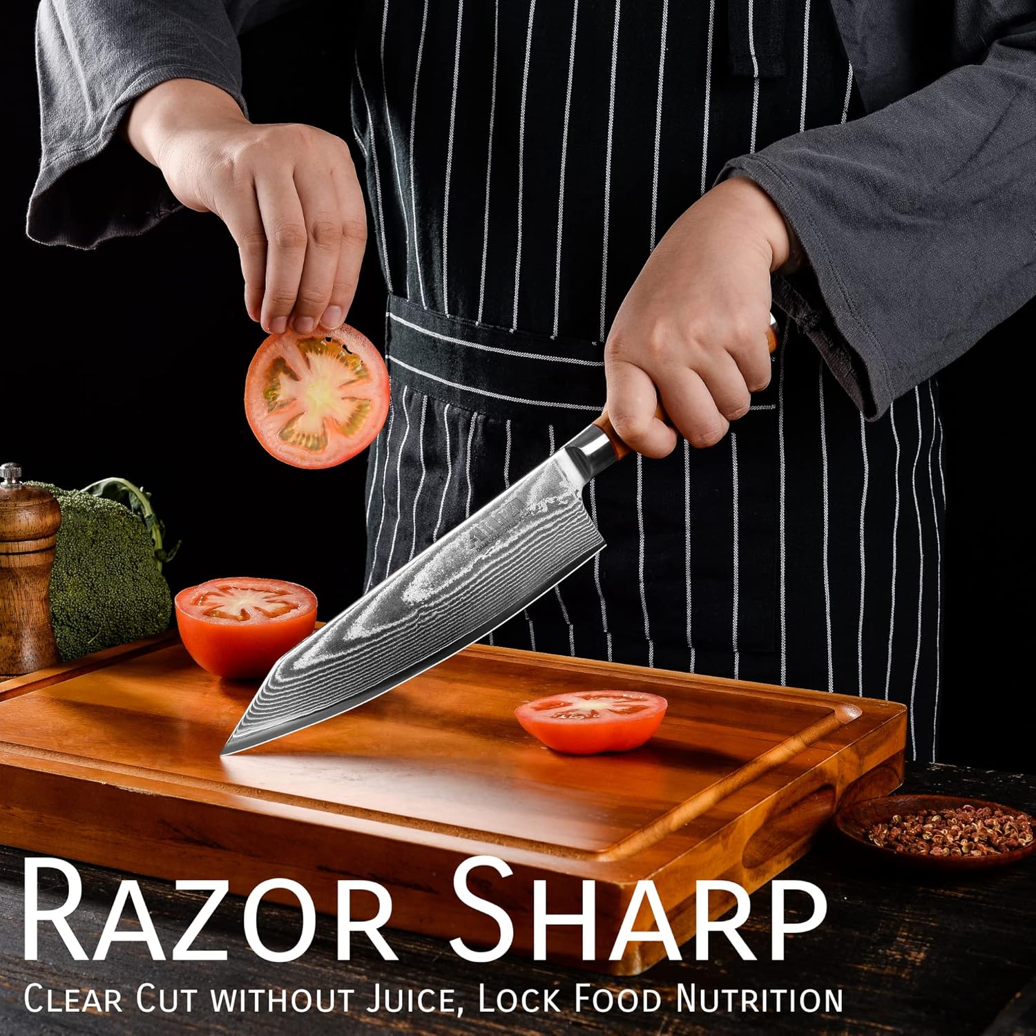 8.5 Japanese Chef Knife - VG10 Damascus 67-Layer Professional Kitchen Knife, Hybrid Santoku Chef Knife with Olive Wood G10 Handle, Ultra Sharp High Carbon Steel Blade for Vegetables & Meat