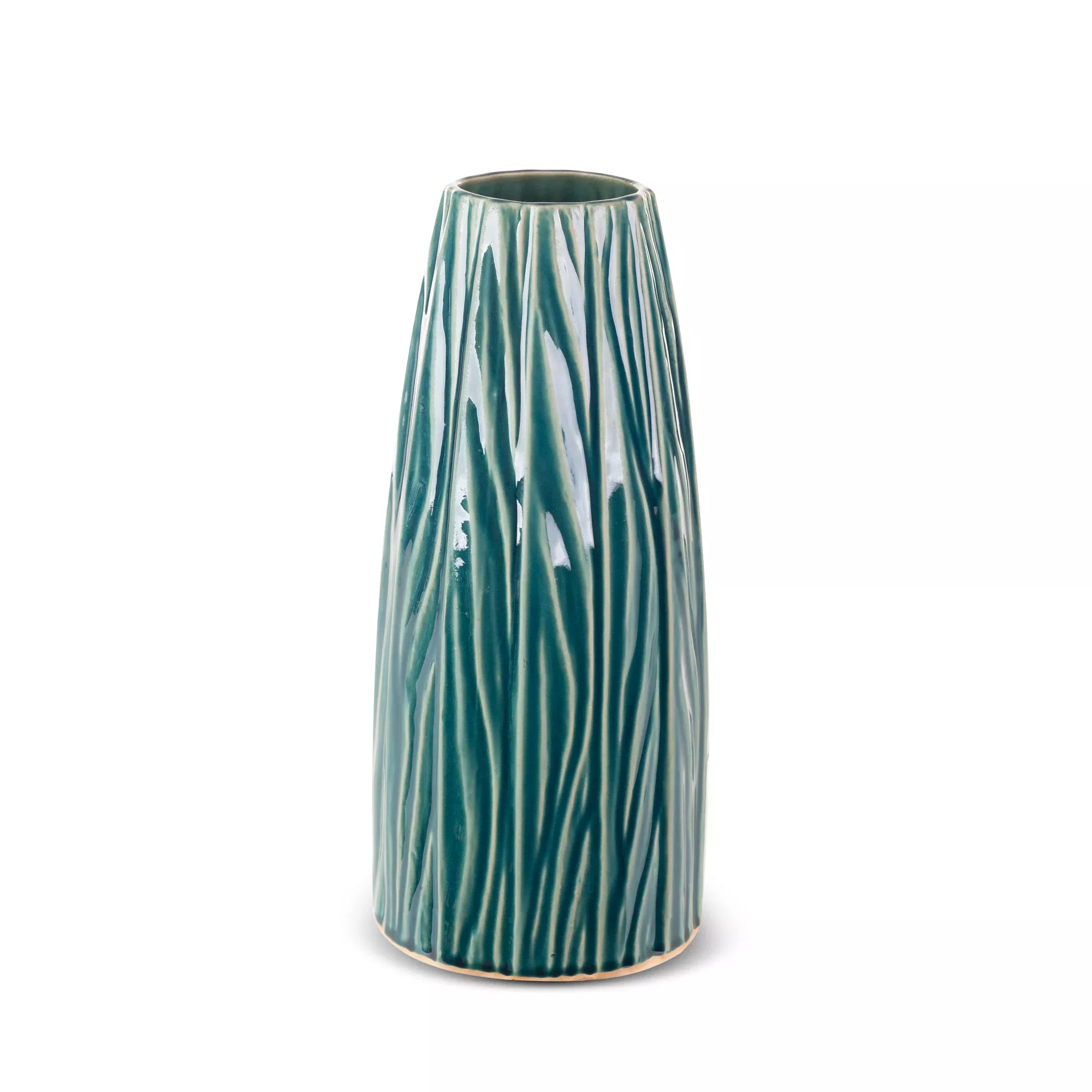 Wazon ceramiczny zielono-beżowyw stylu boho w prążki średnica 16x34 cm