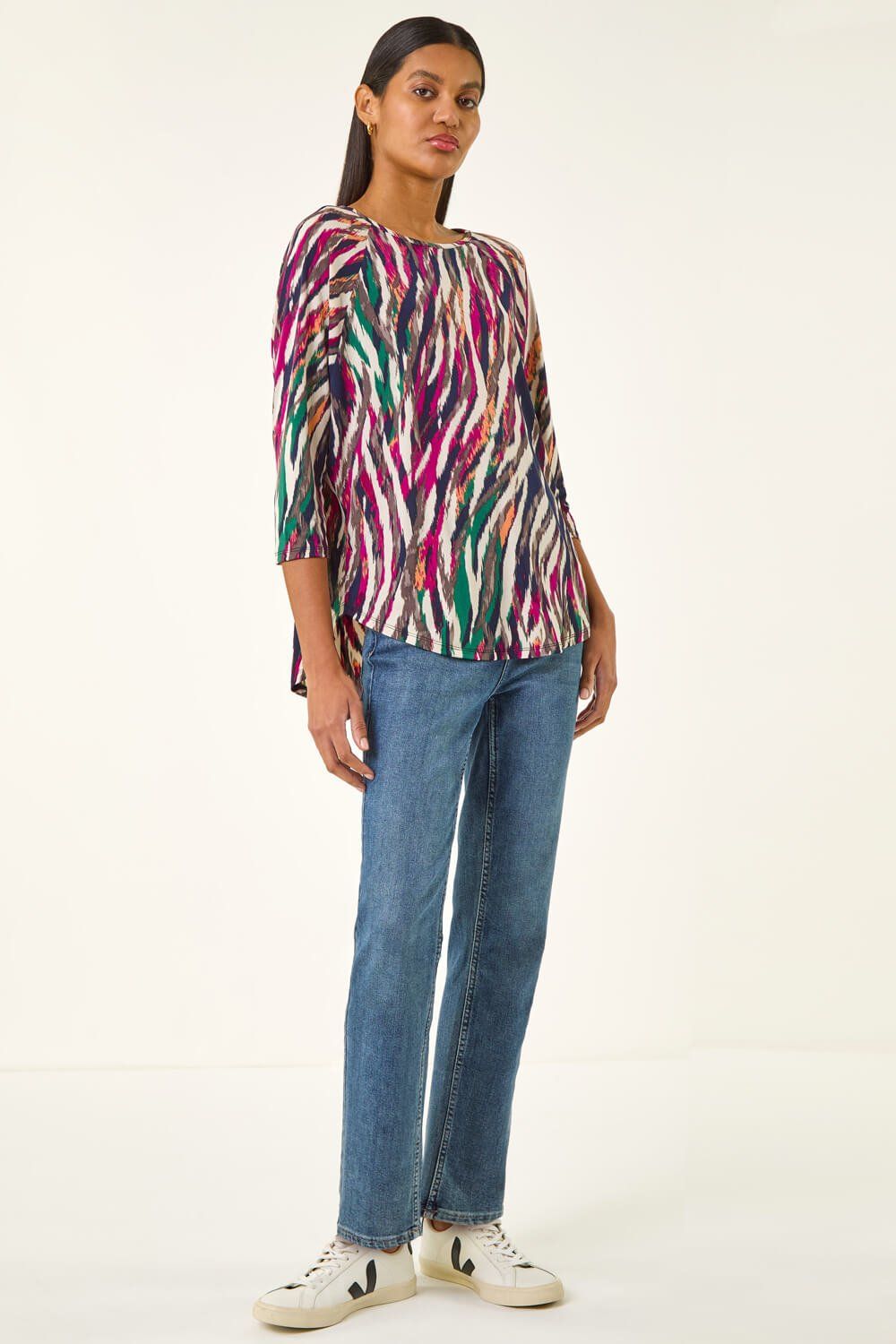 Roman Stripe Print Stretch Tunic Top