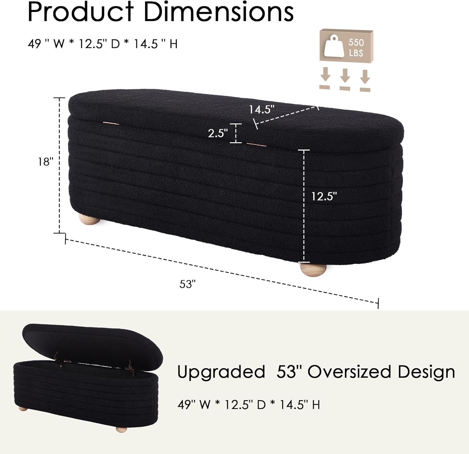 53 Storage Bench Teddy Ottoman Bench Upholstered Fabric Bench End of Bed Stool with Safety Hinge for Bedroom, Living Room, Entryway, Black