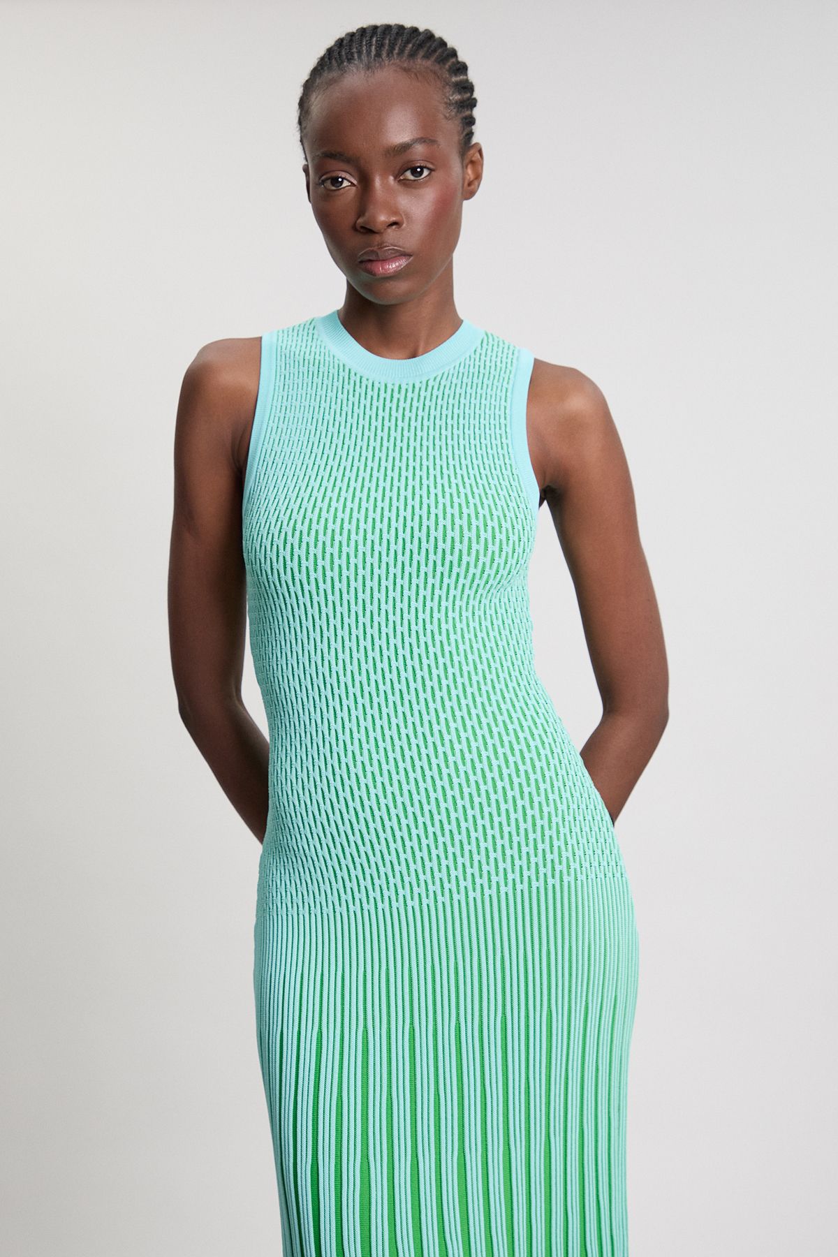 KarenMillen Knit Stripe Stitch Detail Sleeveless Midi Dress