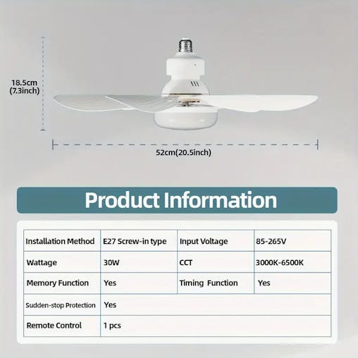 NNETM 1pc Dimmable Socket Fan Ceiling with Remote Control - Traditional Style, White