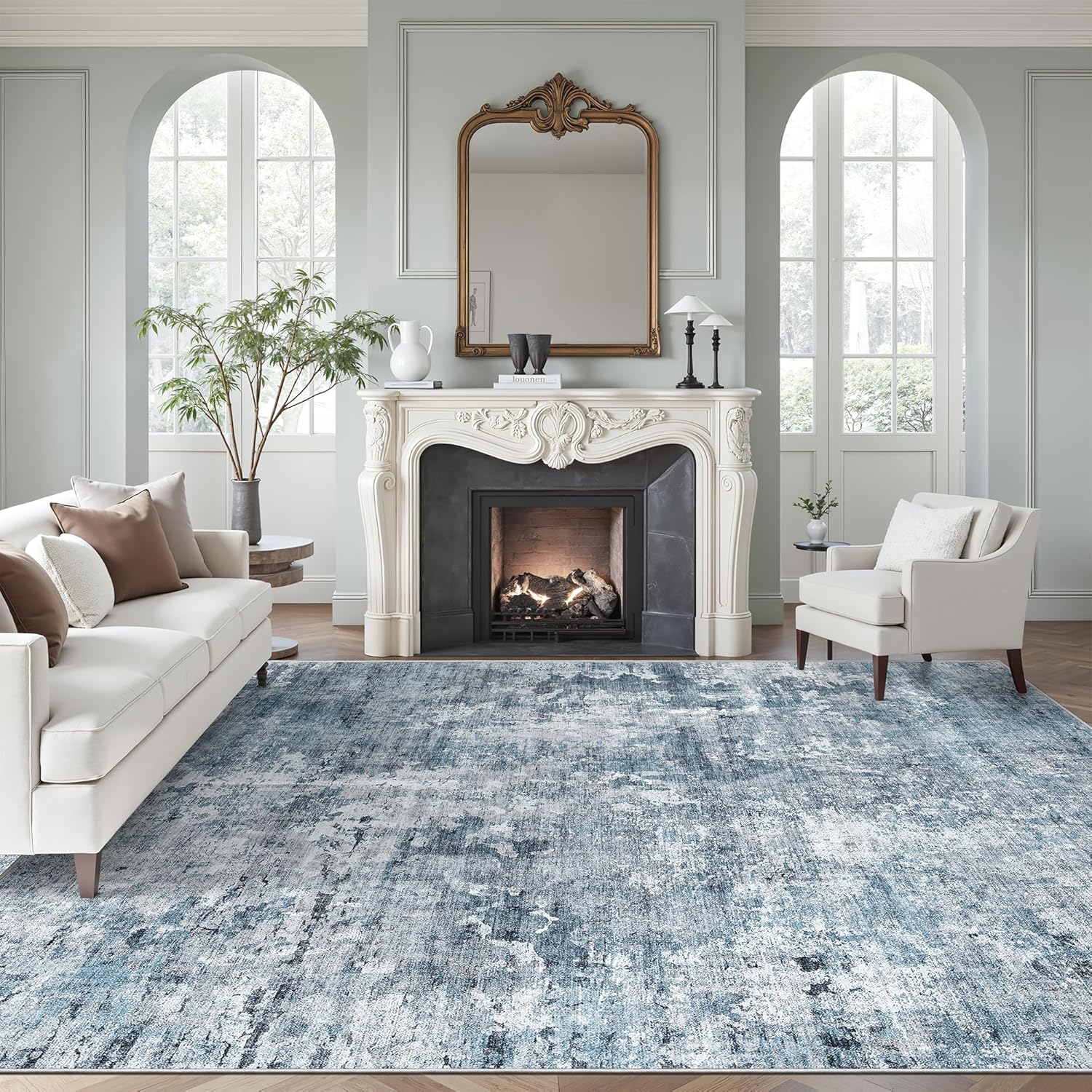 Soalmost 9x12 Area Rugs for Living Room, Abstract Non Slip Machine Washable Vintage Rugs, Low Pile Lightweight Large Rug for Bedroom, Dining Room, Home Office Blue