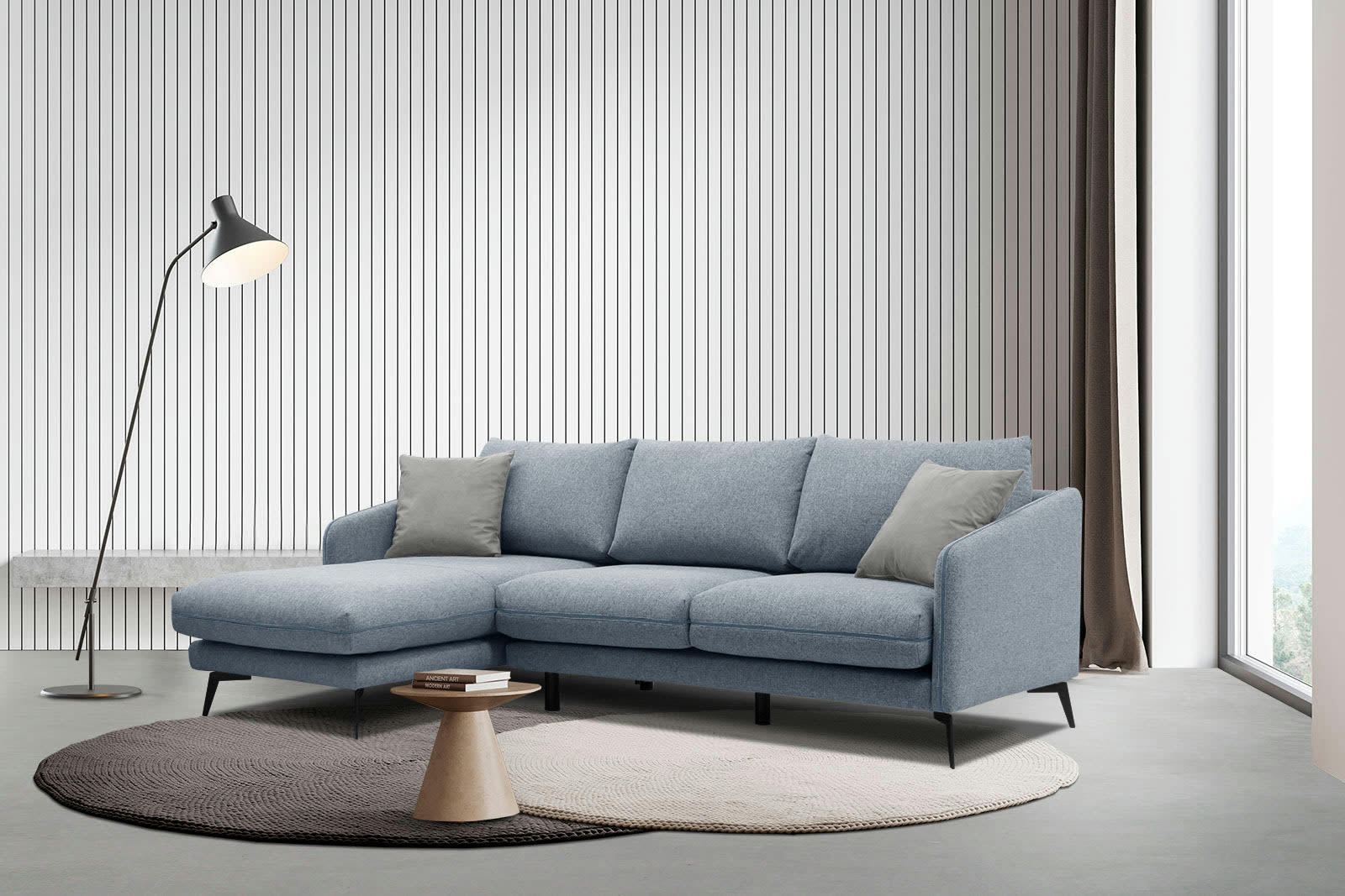 SOGEL - Canapé d'angle gauche 4 places tissu  bleu clair