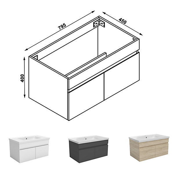 Meuble de salle de bain 80cm à double porte, suspendu, blanc