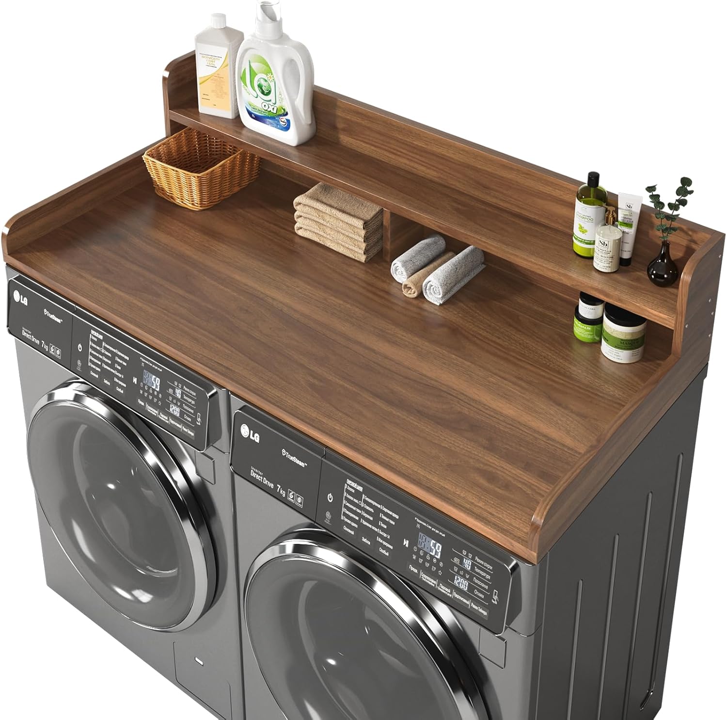 2-Tier Washer and Dryer Countertop with 2.75 H Guard,54 W x 27.5 D Laundry Countertop Cover with Non-Slip Pad,Large Space Laundry Topper for Folding Clothes Over Washer and Dryer-Dark Walnut