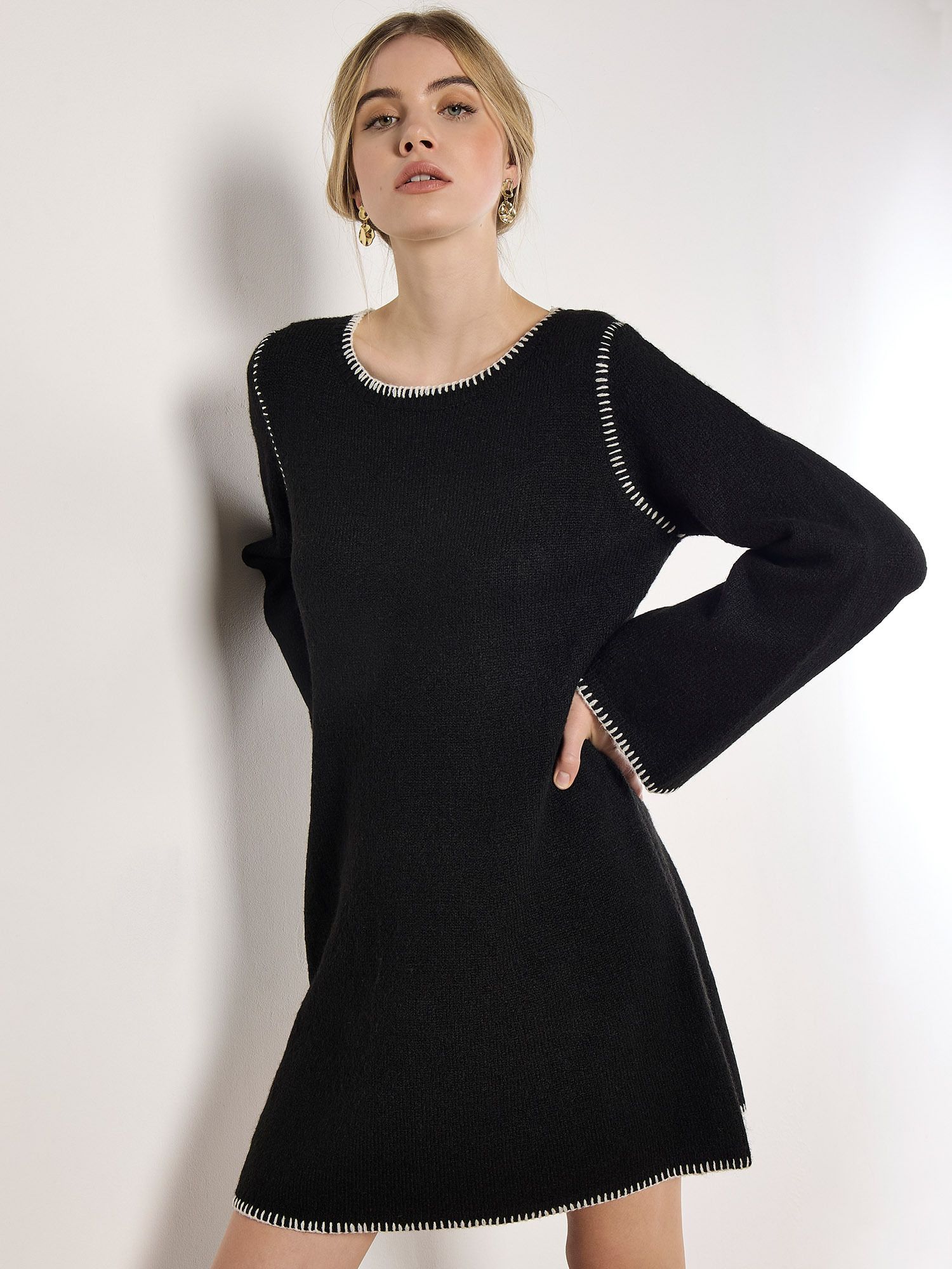 Apricot Blanket Stitch Knitted Swing Mini Dress