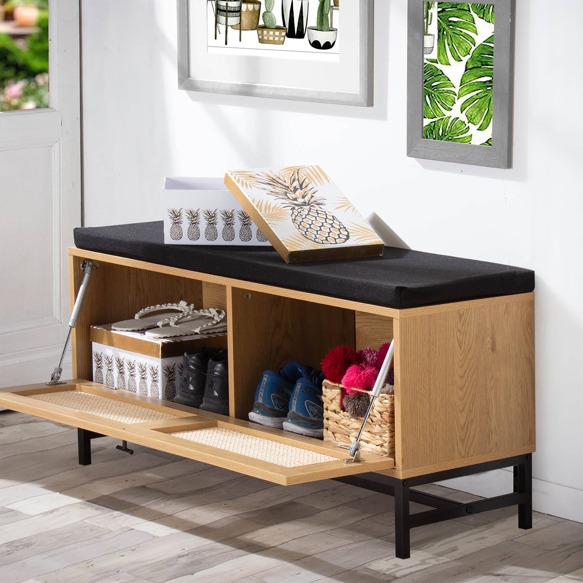 Banc de rangement en bois et rotin