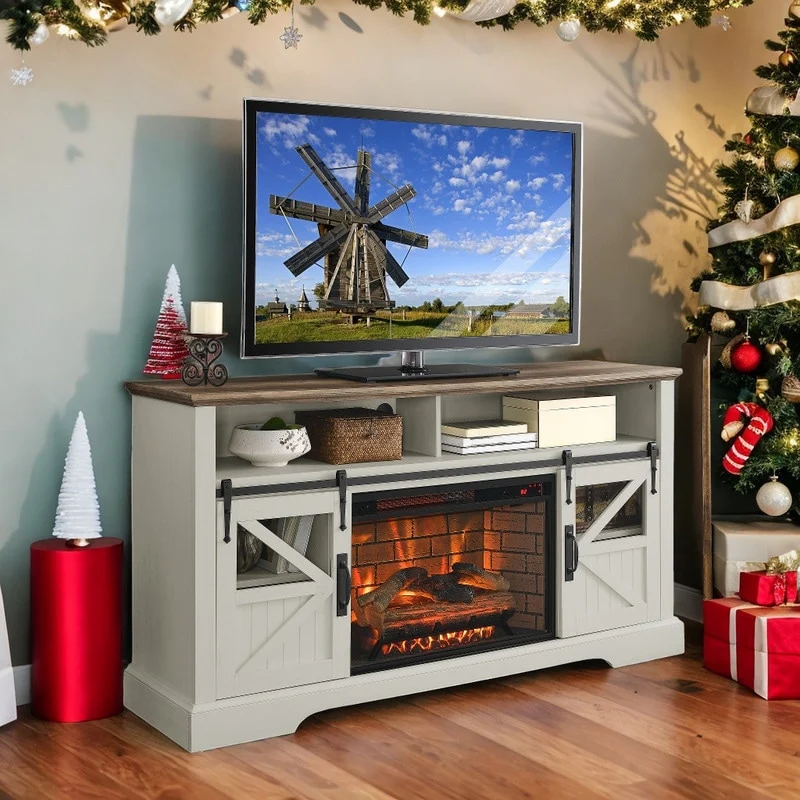 60 Inch Modern Fireplace TV stand With Storage Spaces and Double Safety Protection Device