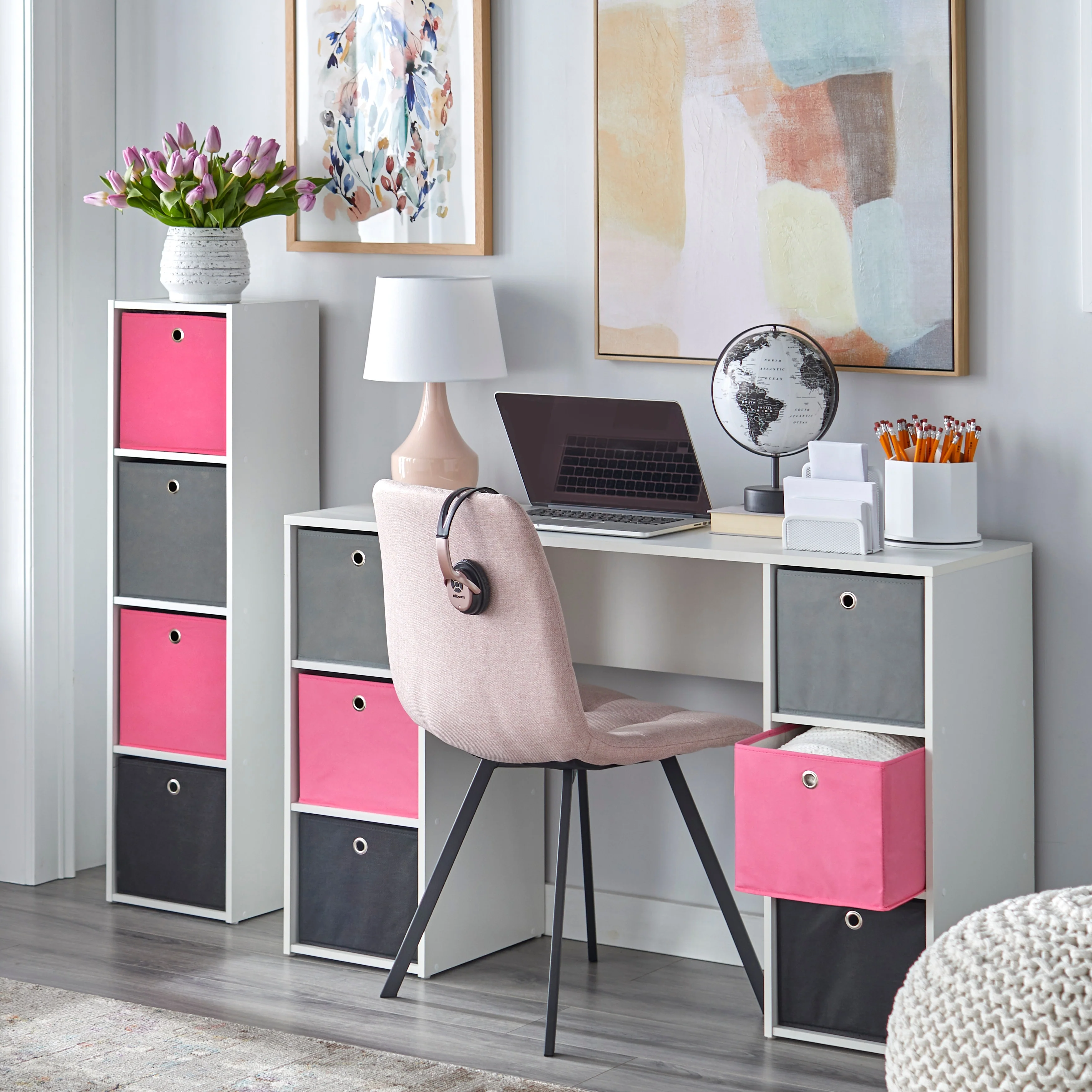 Simple Living Jolie Pink Theme 6-bin Writing Desk with 4-bin Bookcase Set