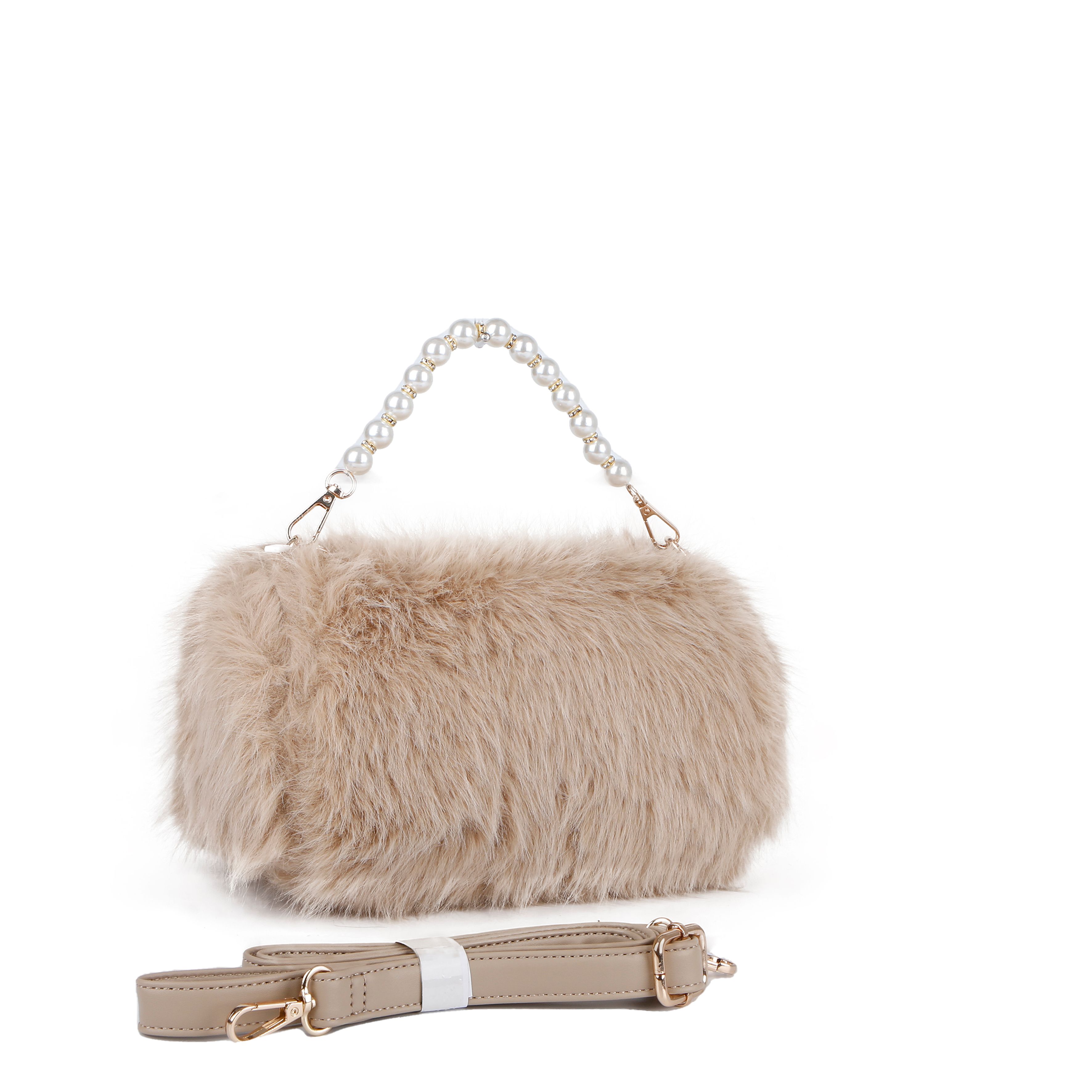 JFY Pearl Grab Handle Faux Fur Clutch Bag