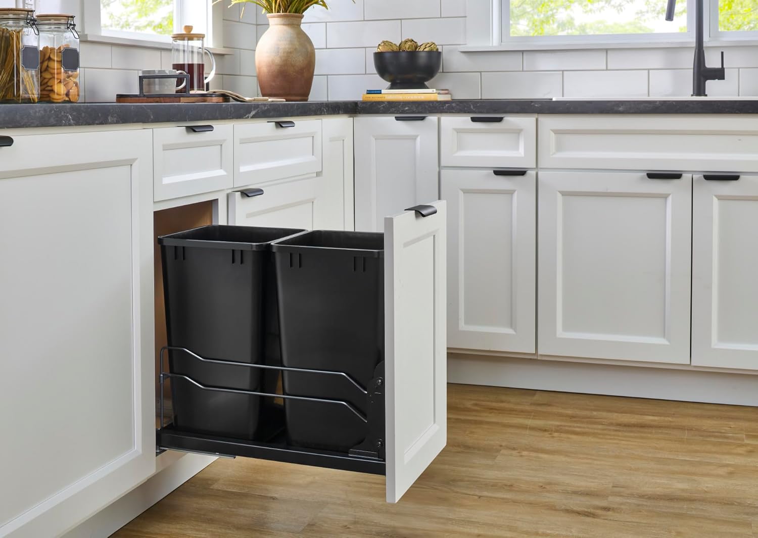 Rev-A-Shelf 27 Qt Double Pullout Under Cabinet Kitchen Trash Cans w/Soft-Close Slides for 15” Base Cabinets, Black, 53WC-1527SCDM-218 - Container Bins for Waste Management