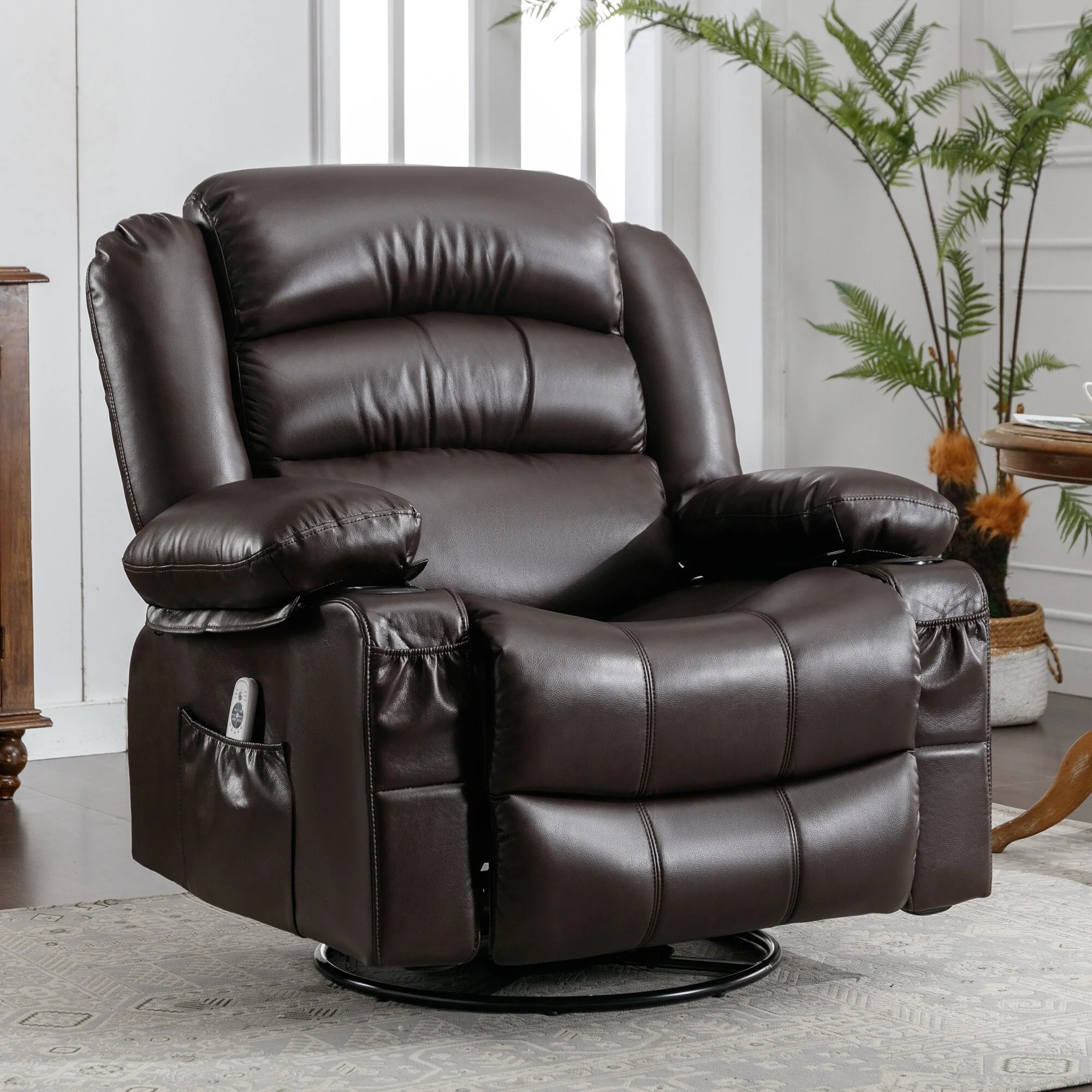 Black 360° Swivel Rocking Recliner featuring Vibration Massage, Heating, Side Pockets, USB Port, and Dual Cup Holders