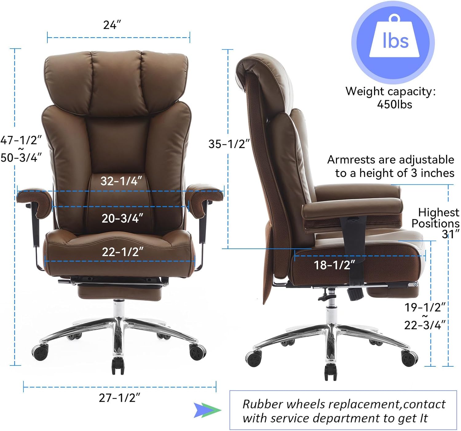 Efomao Big and Tall Office Chair 400lbs - Heavy Duty Executive Desk Chair with Foot Rest & 23 Wide Seat - High Back Ergonomic Leather Computer Chair for Heavy People, Home Office, Brown